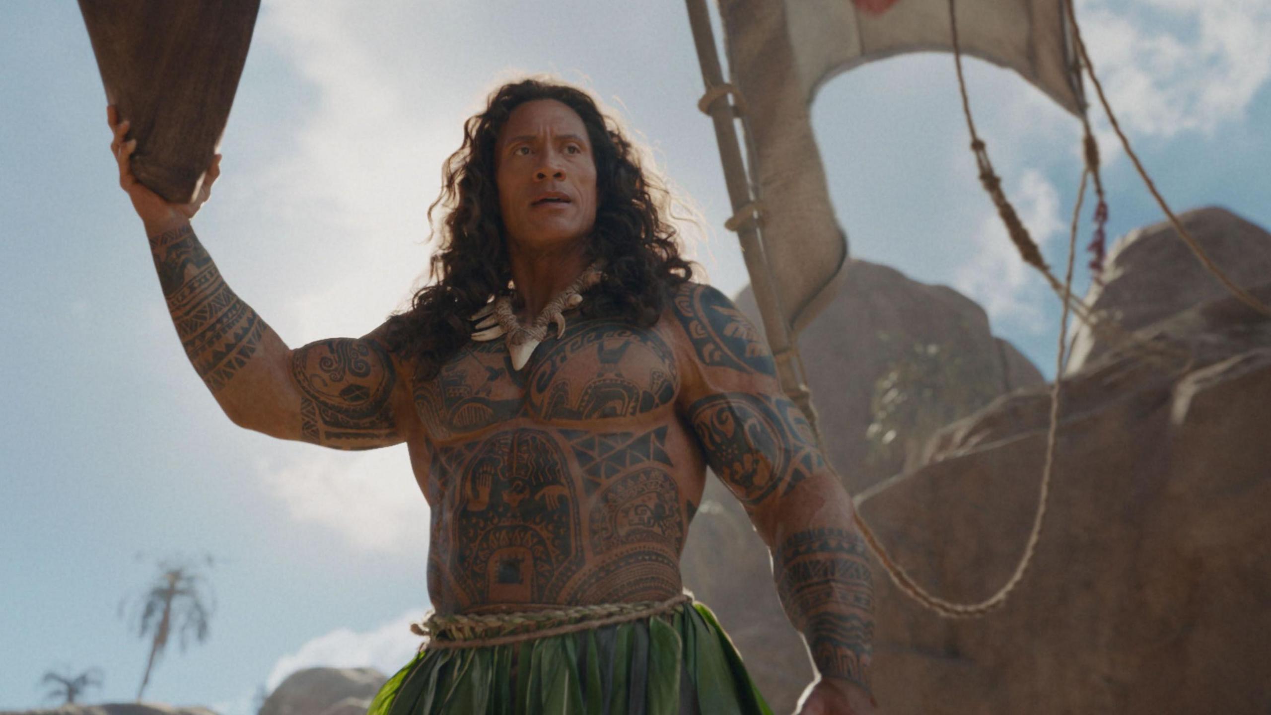 Still of Dwayne Johnson as demigod Maui in the live-action 2026 film Moana
