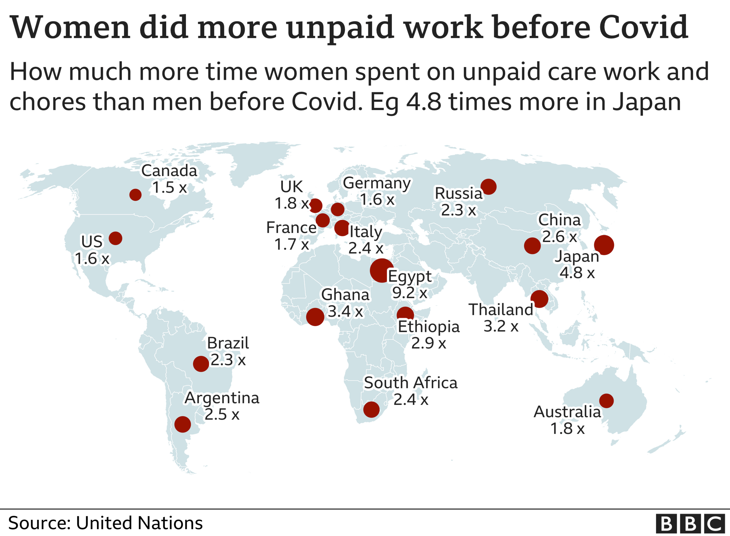 Map showing how much more work unpaid care and domestic chore work women do than men in selected countries