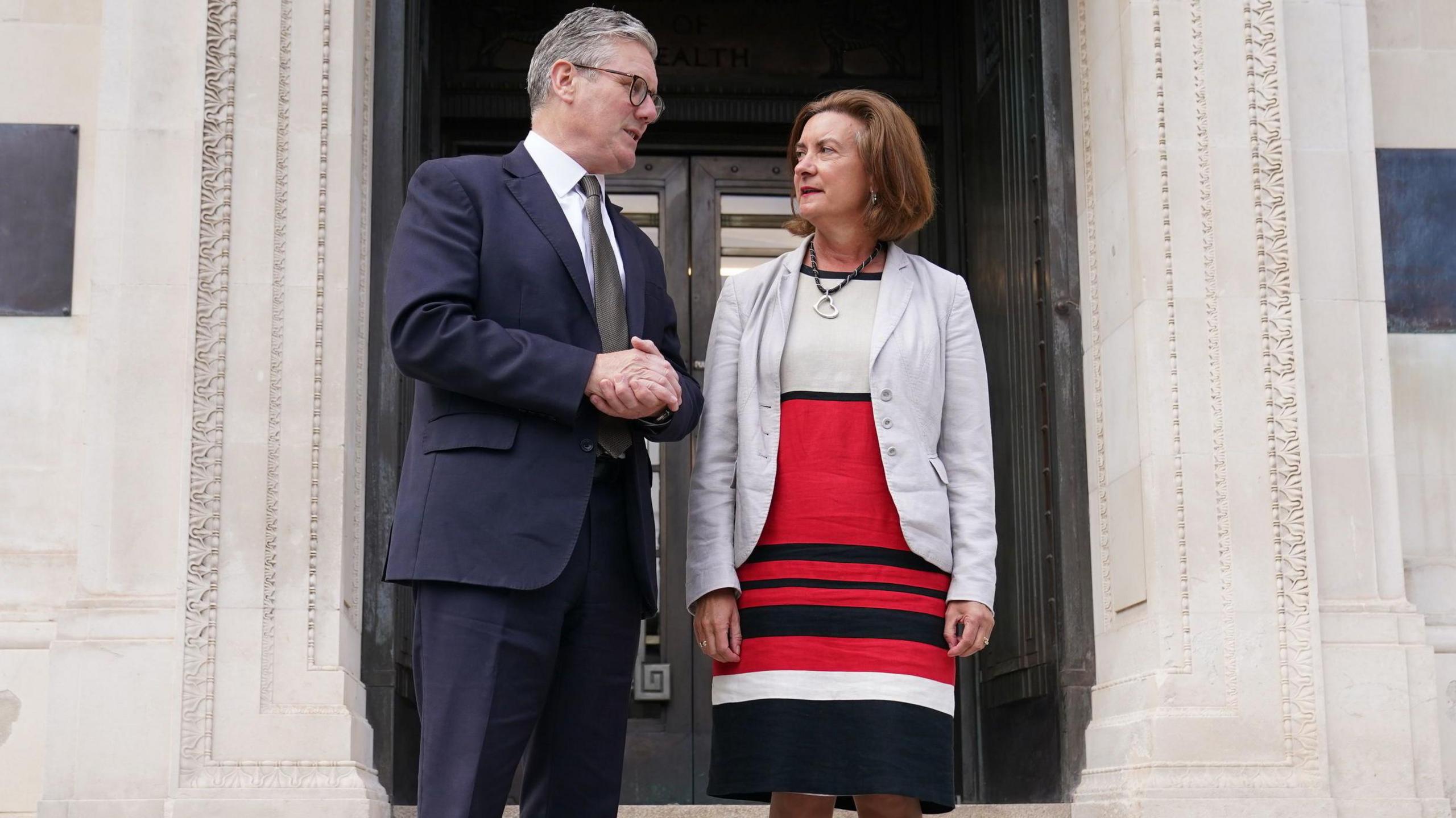 Prime Minister Sir Keir Starmer meeting First Minister of Wales Eluned Morgan outside the Welsh government headquarters Cathays Park, Cardiff