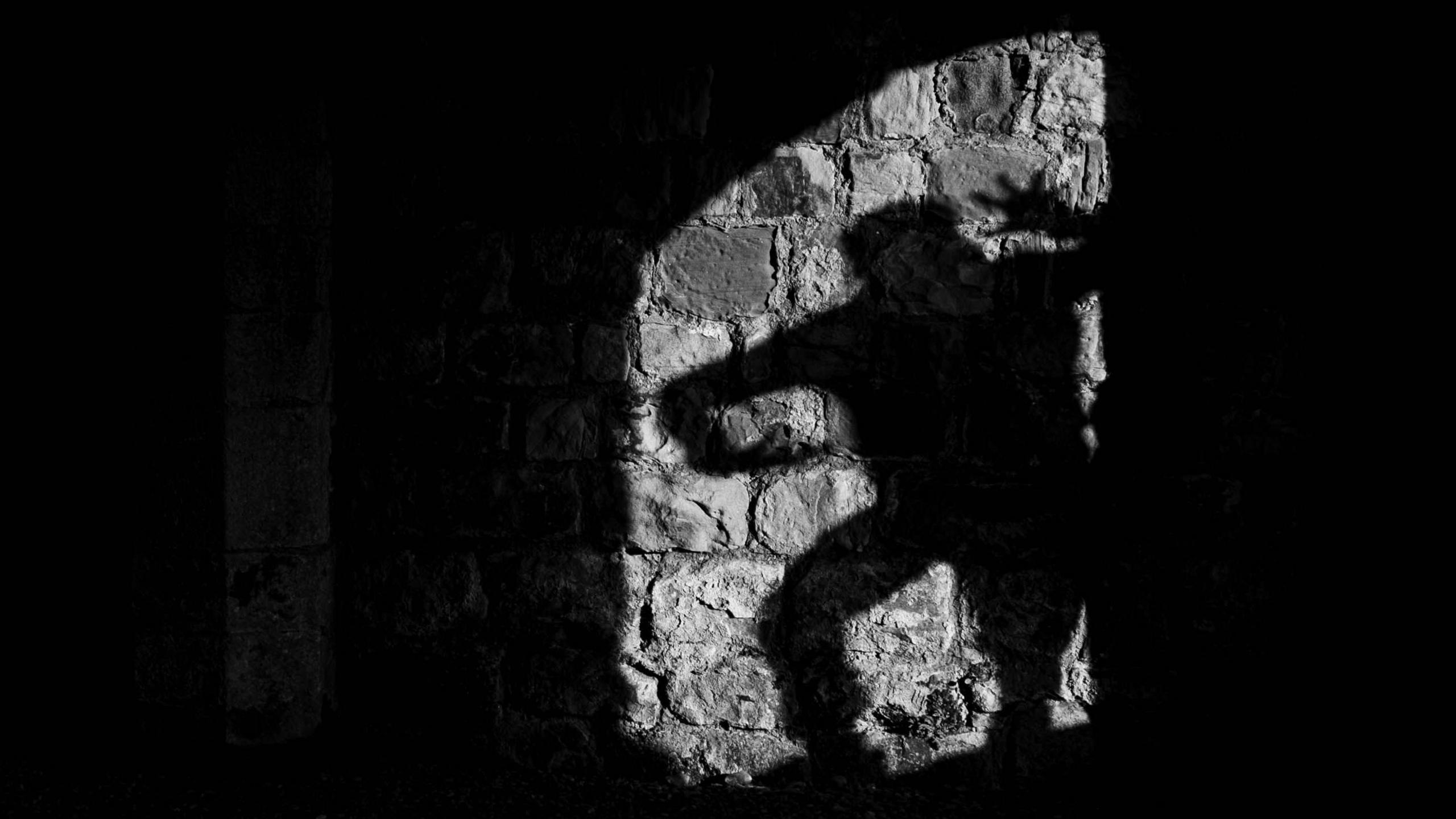 A black and white photo showing the shadow of a person with their arms out and fingers splayed.