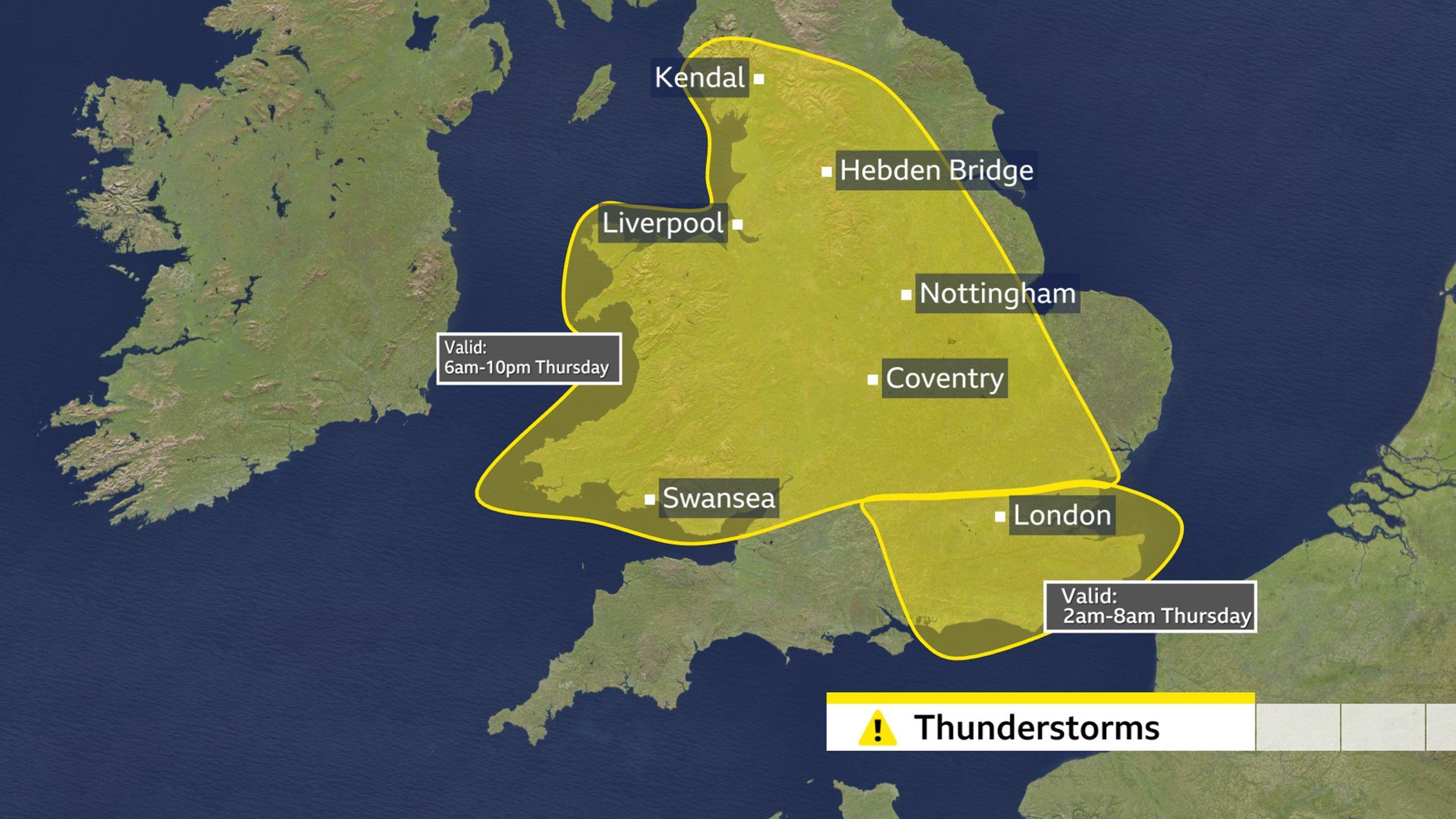 A map showing the area covered by the Met Office yellow warning