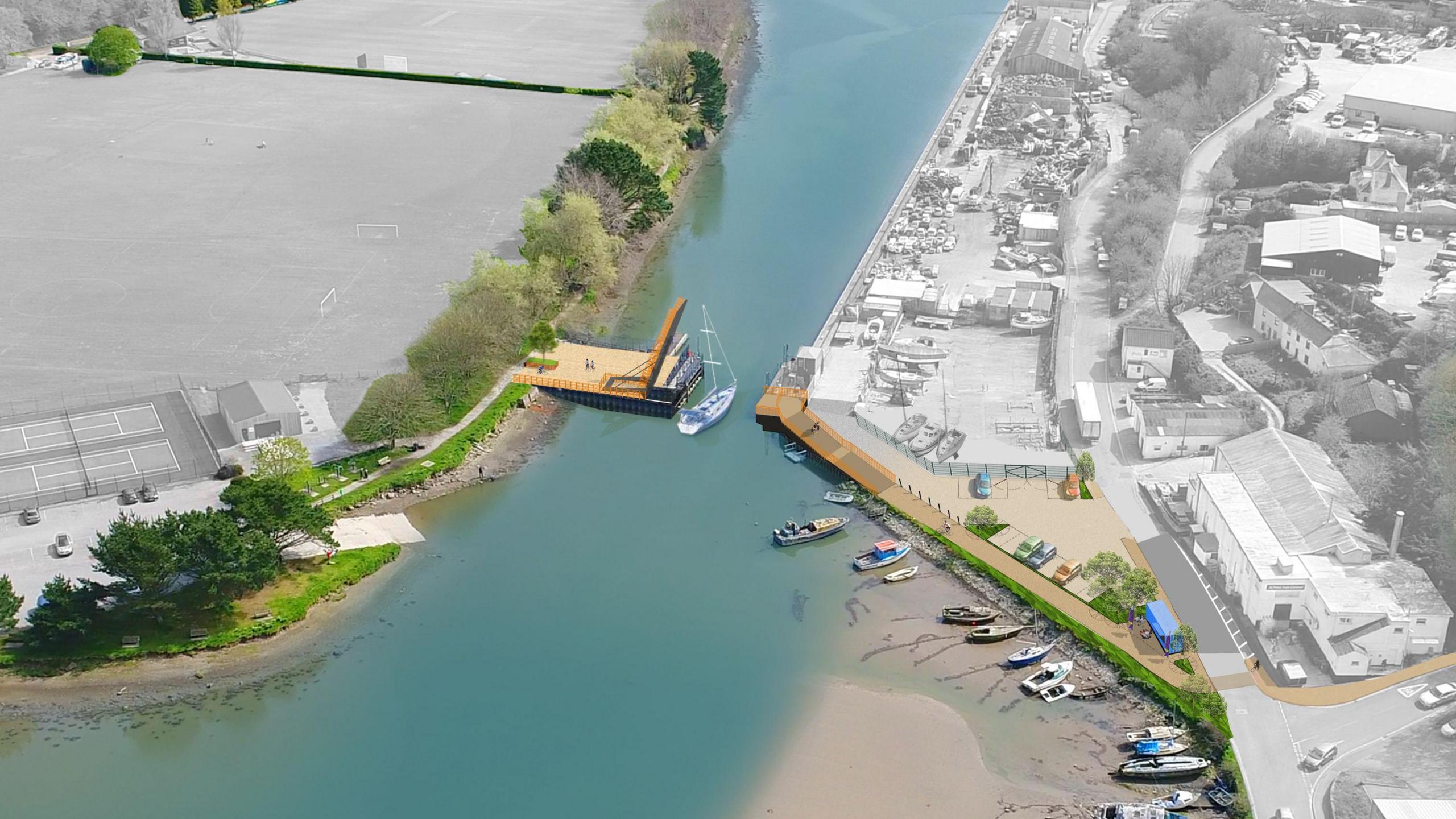 A 3D image showing the plans for the original lifting bridge. A yacht is seen sailing through the gap left behind by the lifting bridge.