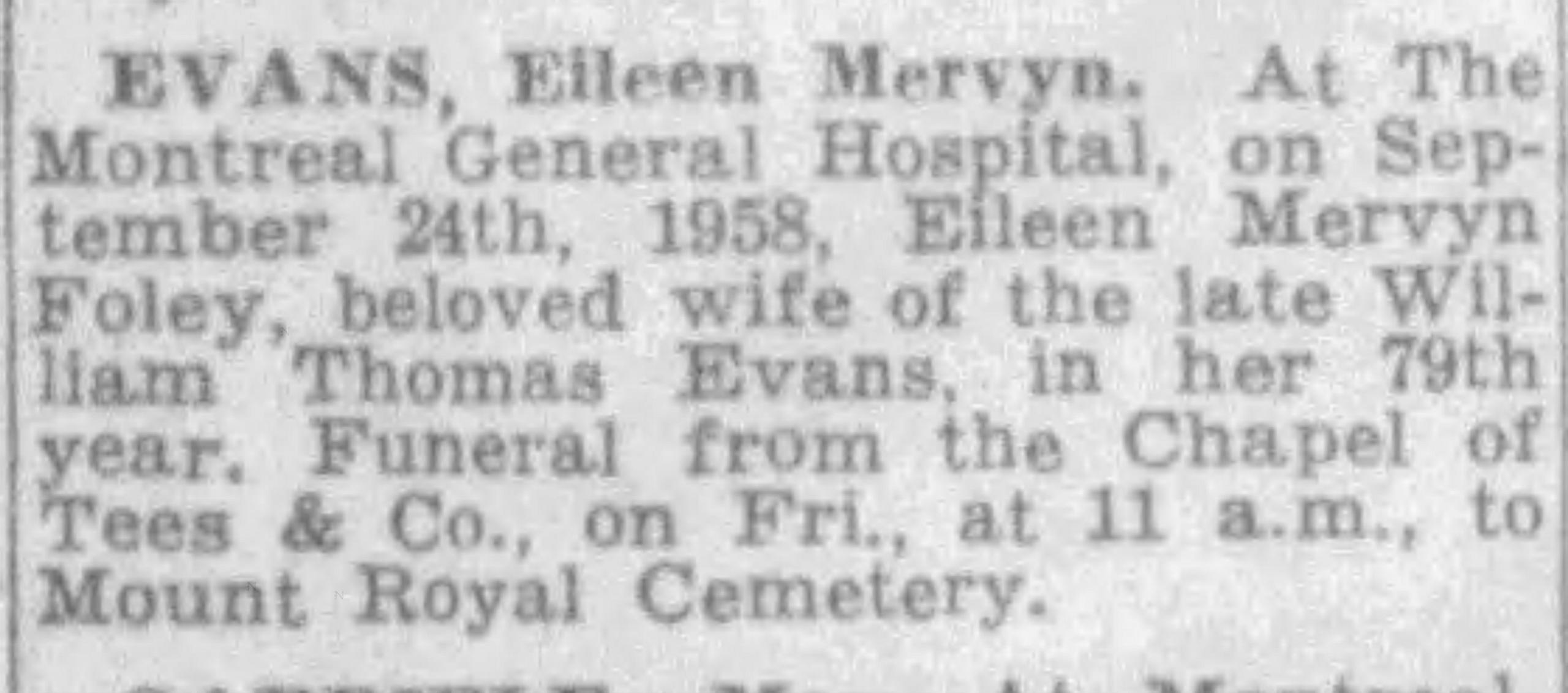 Ysgrif goffa i Eileen Mervyn Evans yn The Montreal Star yn 1958