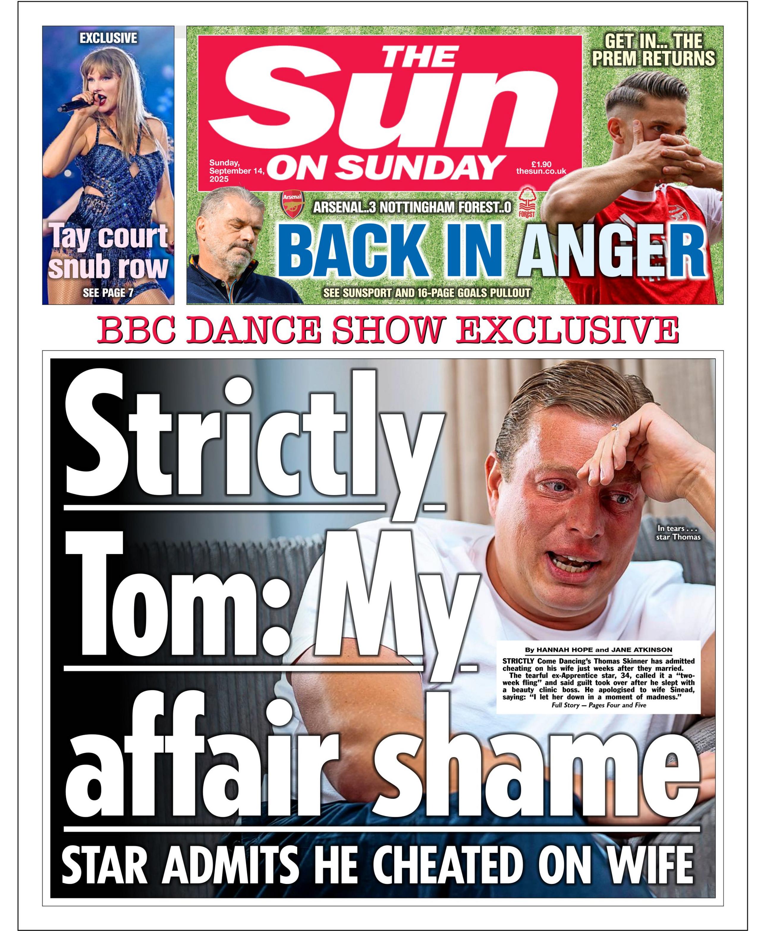 The headline on the front page of the Sun reads: "Strictly Tom: My affair shame". 