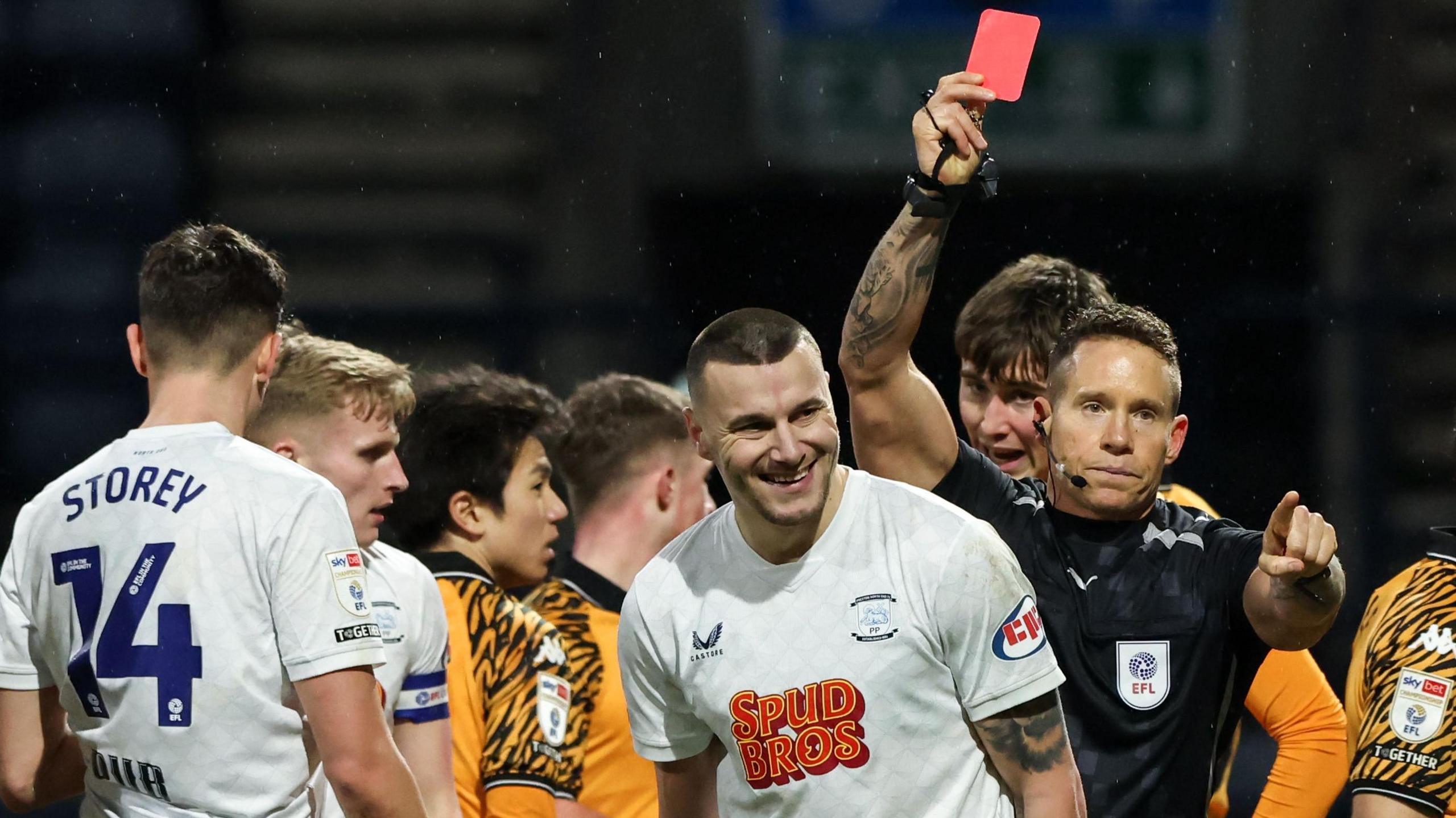 Milutin Osmajic is sent off by referee Steve Martin during Preston North End's 3-0 Championship defeat by Hull City on Tuesday