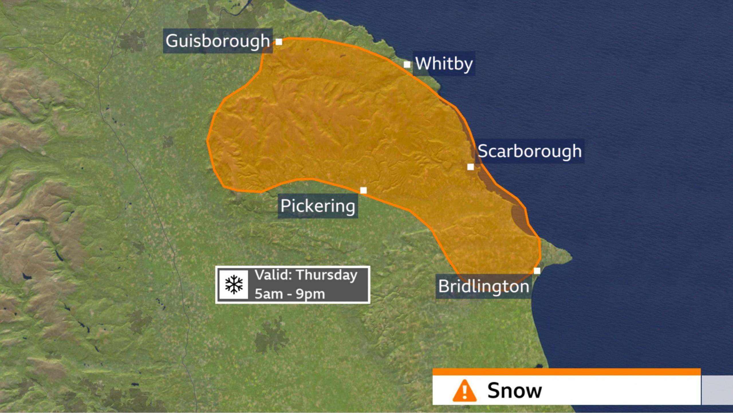 Map of Met Office amber warning area for Thursday, between 5am and 9pm, and covering most of the North Yorkshire Moors.