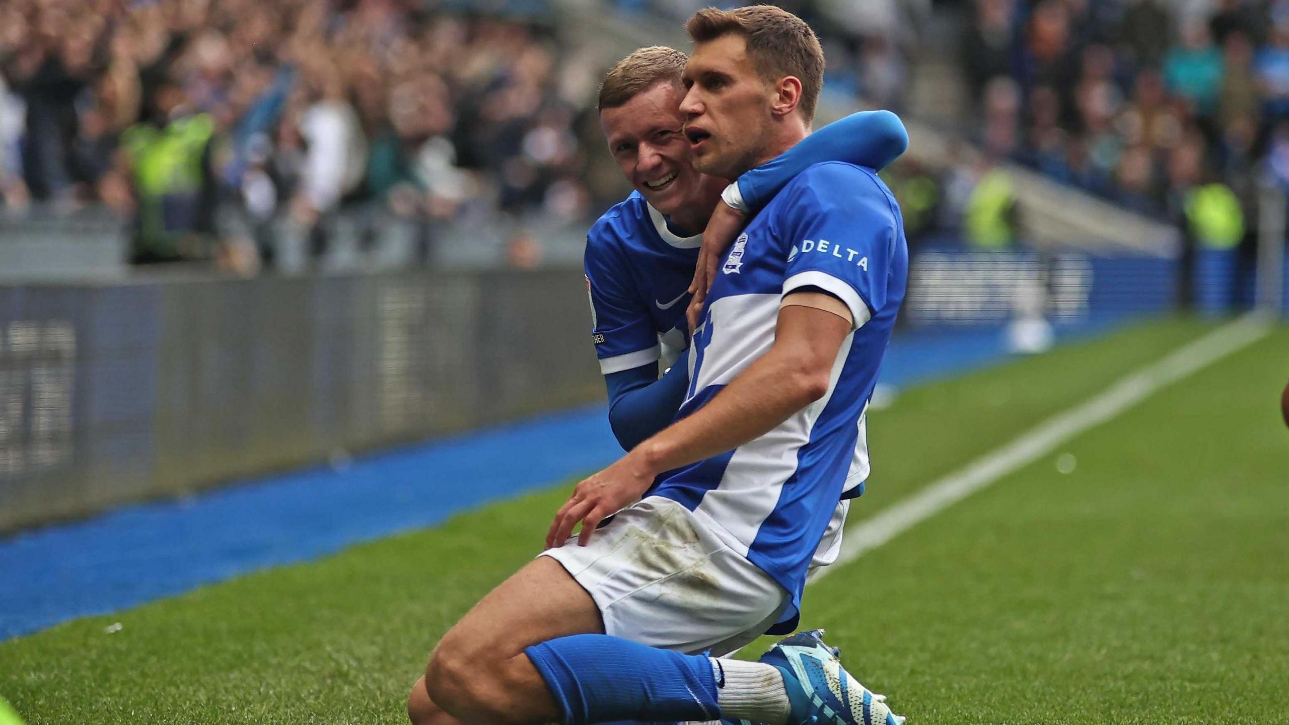 Krystian Bielik celebrates scoring Birmingham City's winning goal against Peterborough