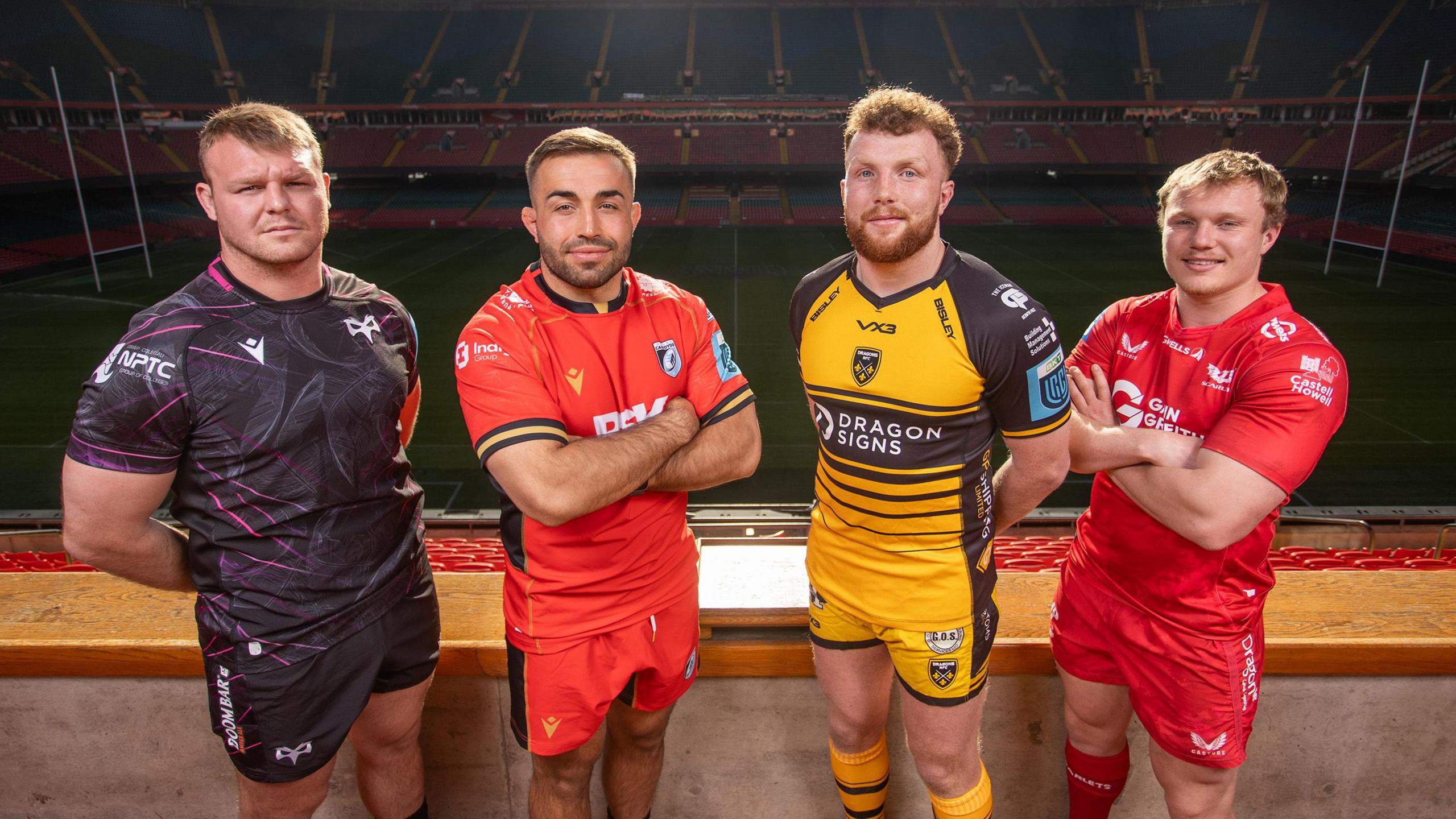 Dewi Lake of Ospreys, Liam Belcher of Cardiff, Aneurin Owen of Dragons and Blair Murray of Scarlets