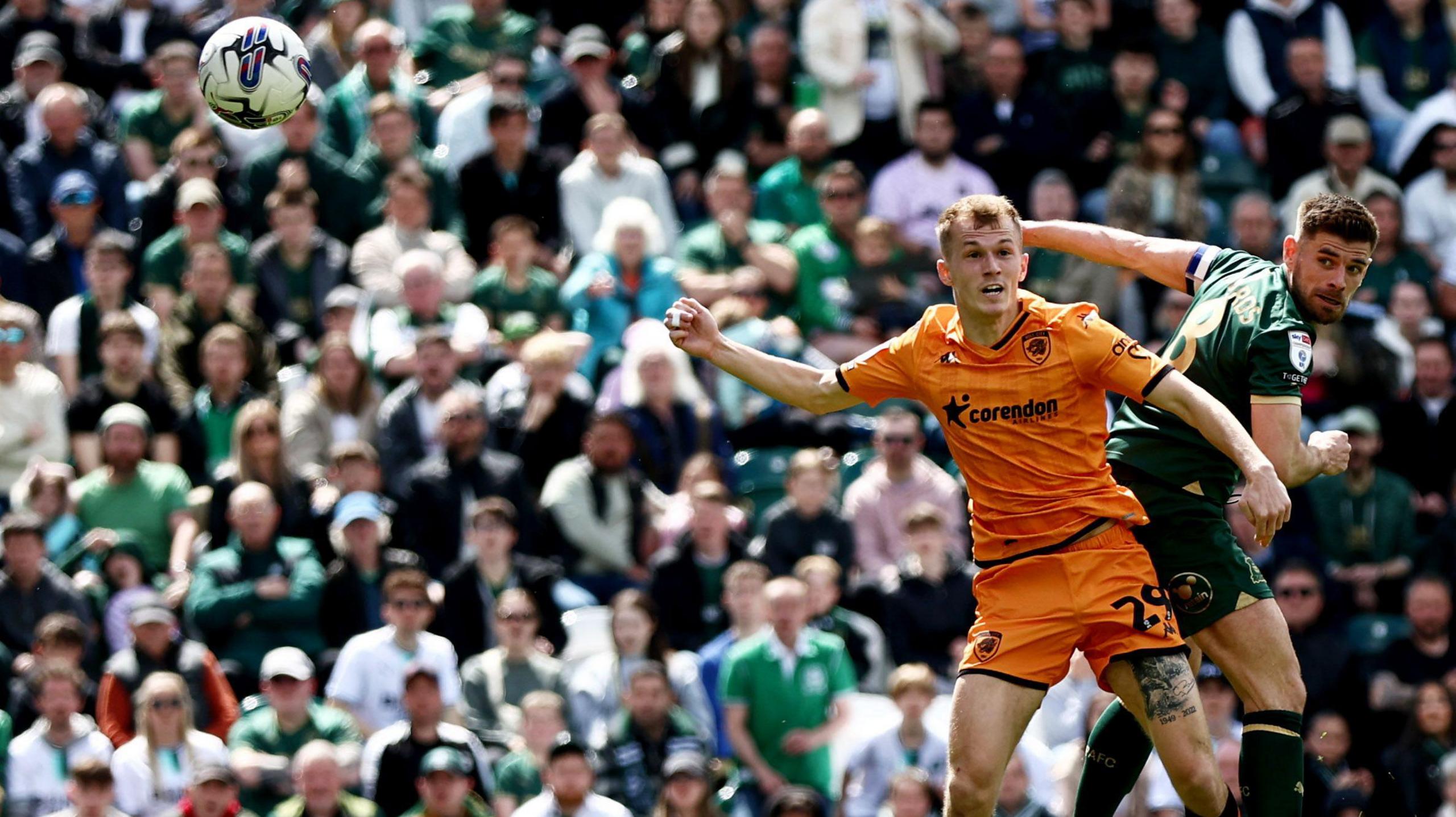 Joe Edwards heads in Argyle's first goal