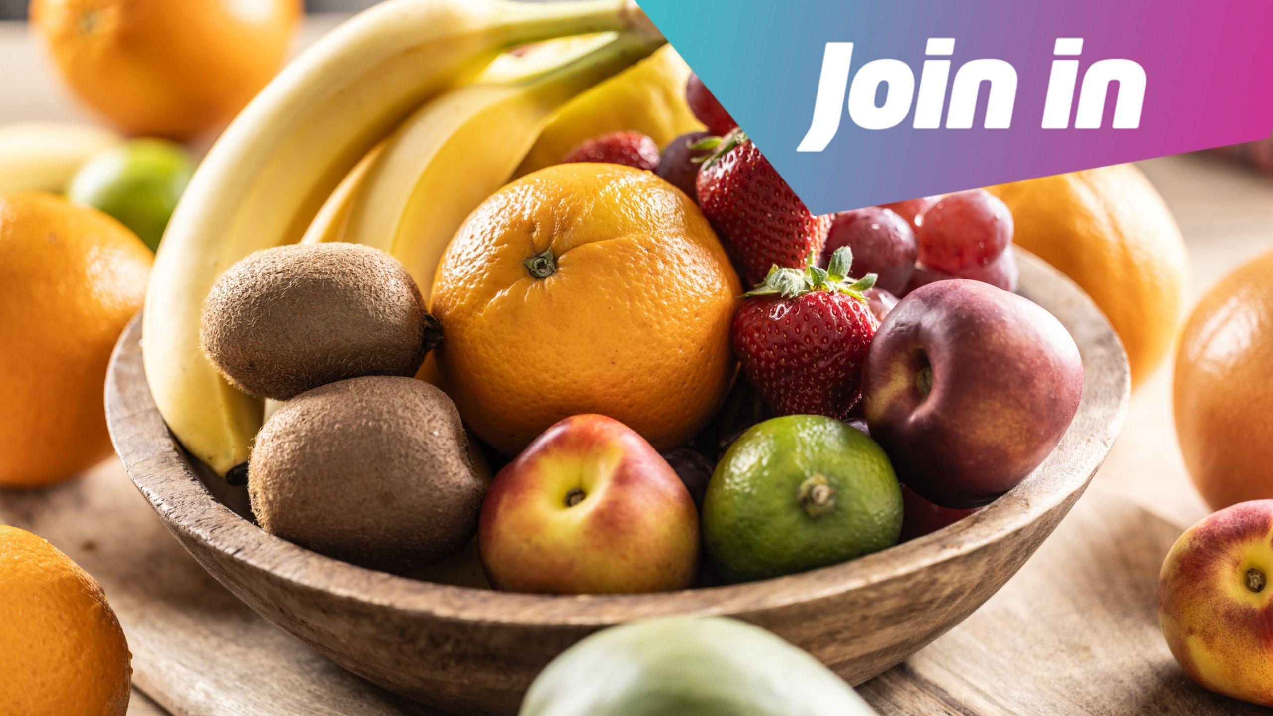 A fruit bowl with a "join in" logo on the picture