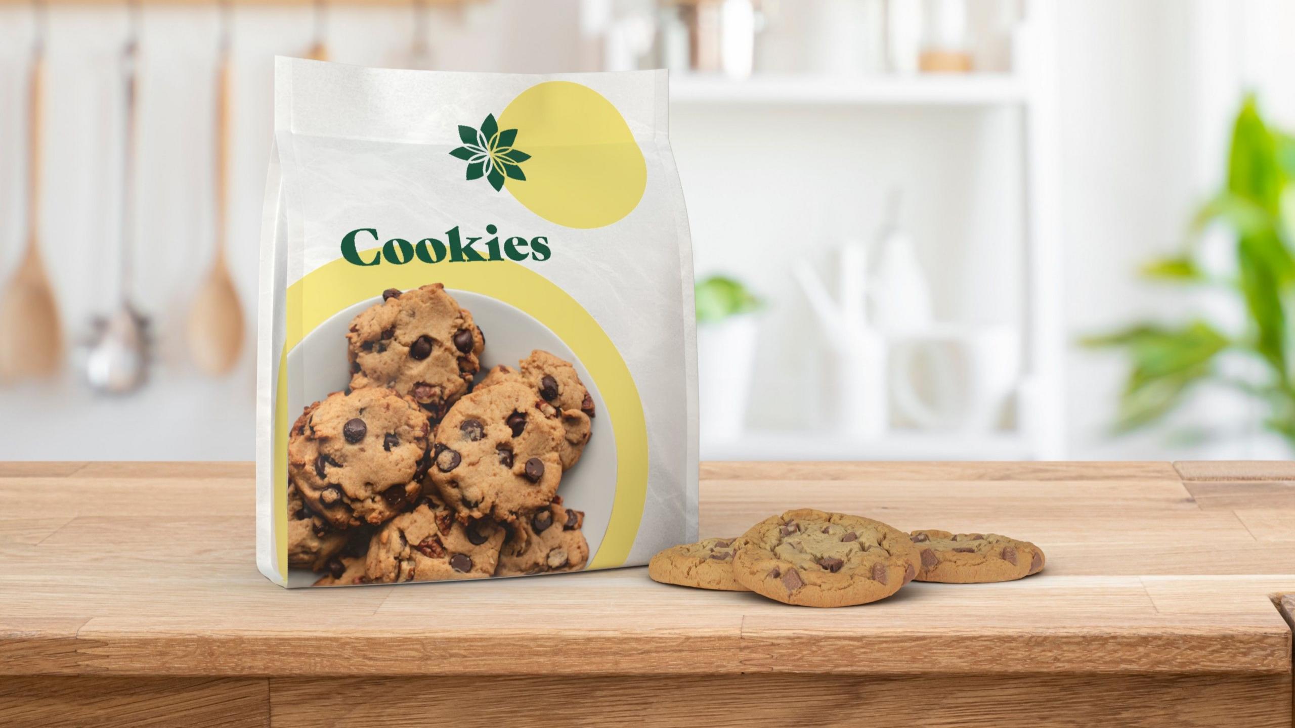 A paper bag of generic chocolate chip cookies
