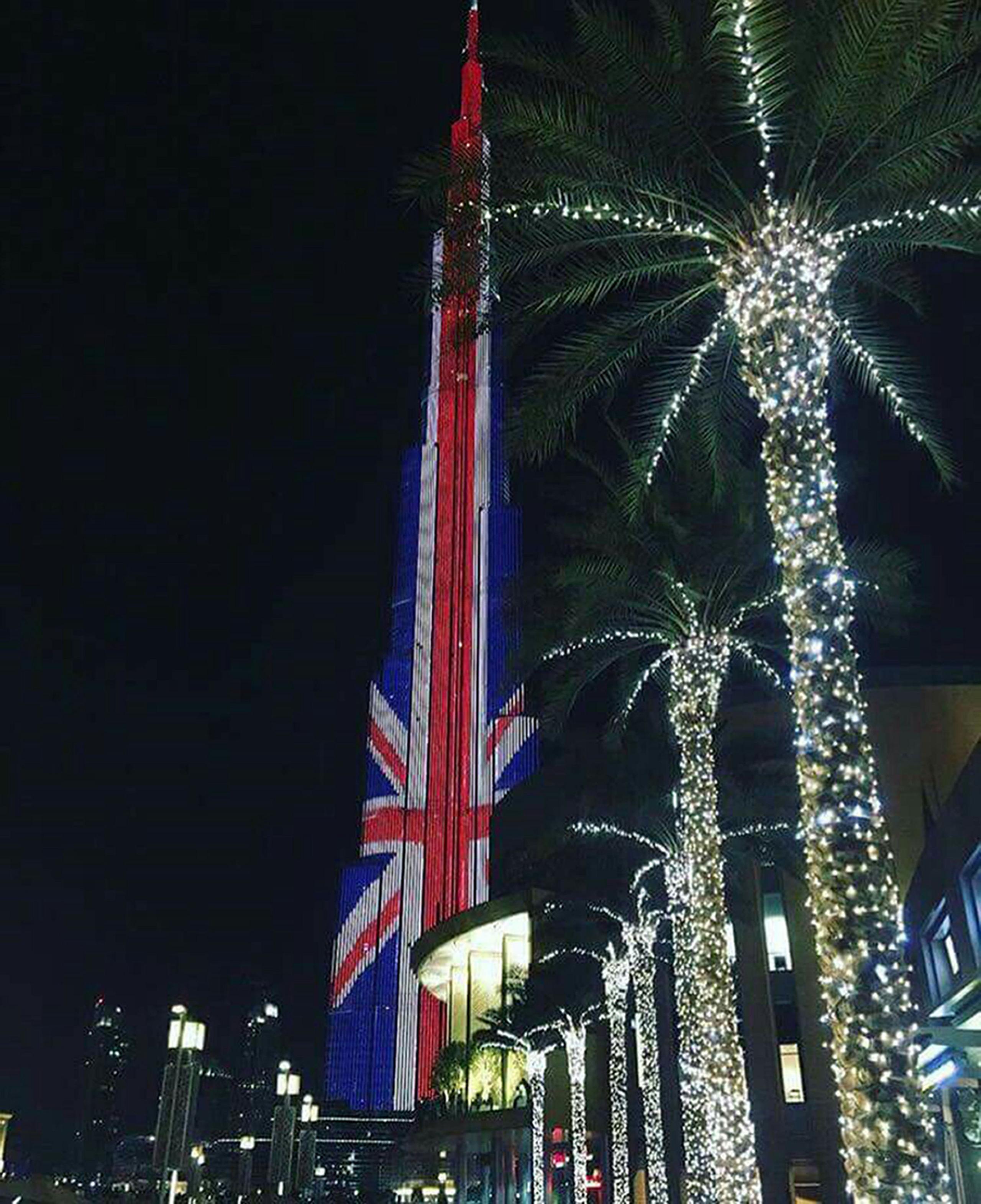 The Burj Khalifa in Dubai lit up with the union jack in tribute to the victims