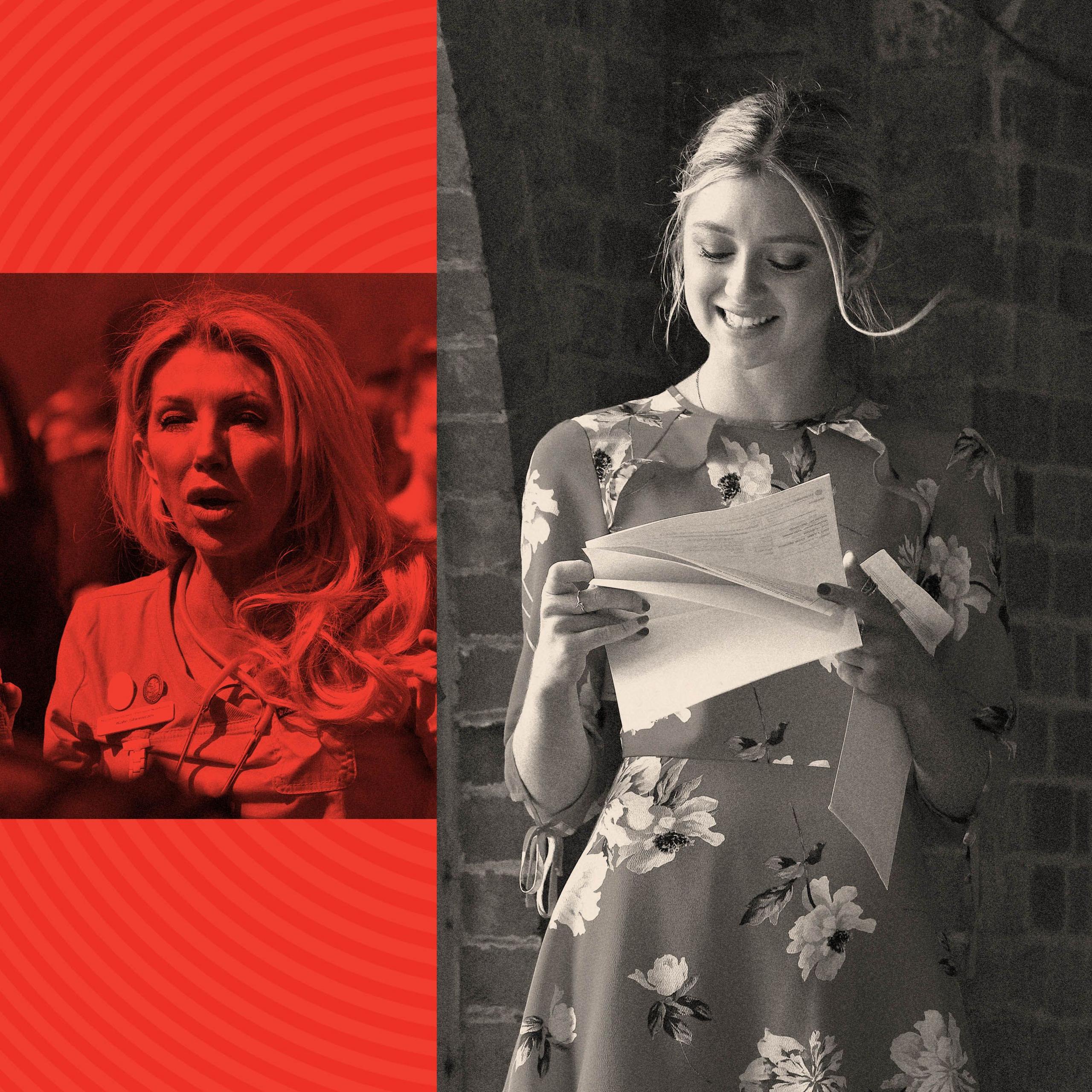 A treated montage image including Kate Shemirani on the left and an image of Paloma Shemirani on the right