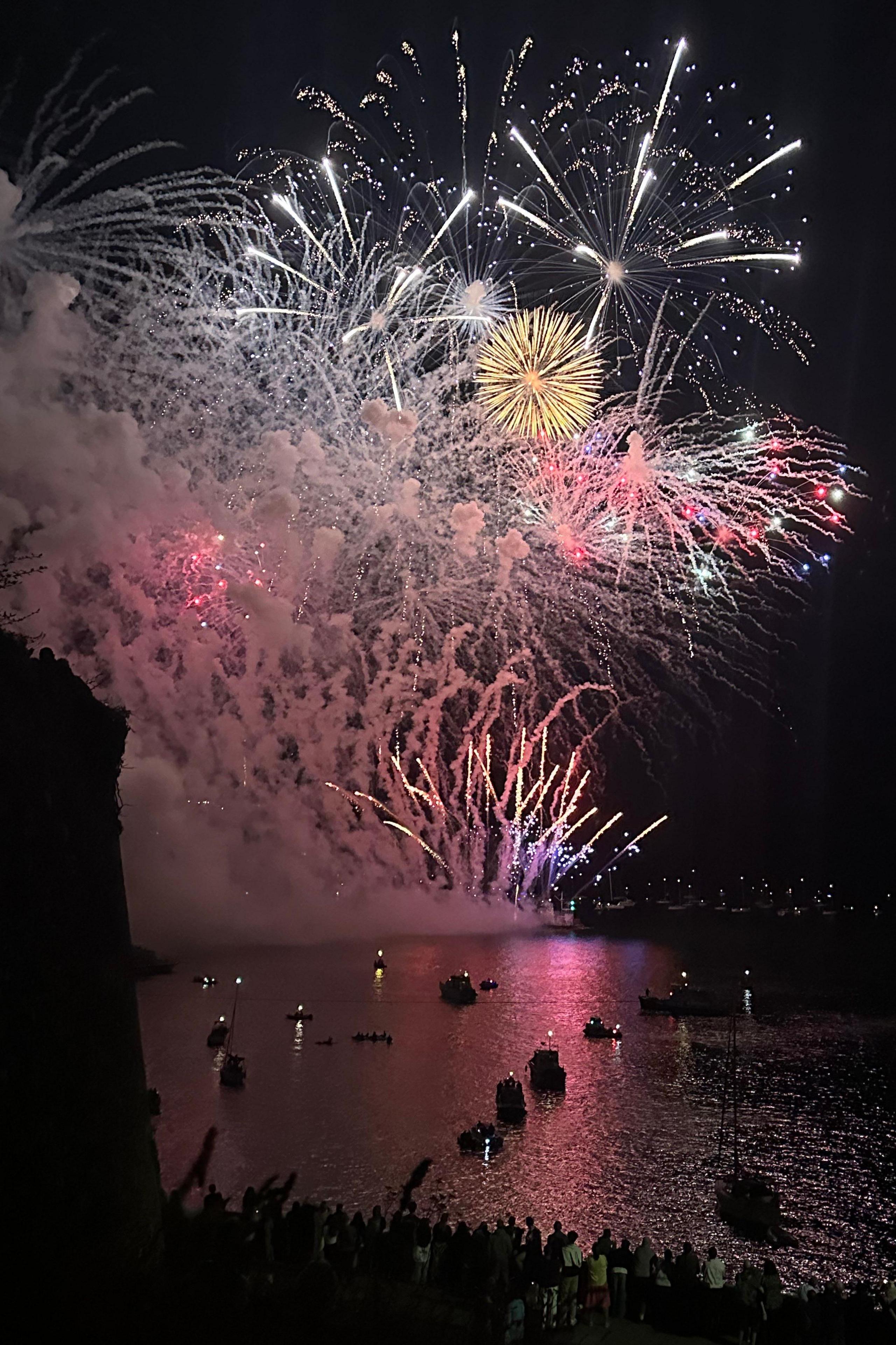 A mass of pink, purple, yellow and white fireworks are exploding above the water in star shapes and streaming lines. The reflections make the water look pink and the boats are in shadow.