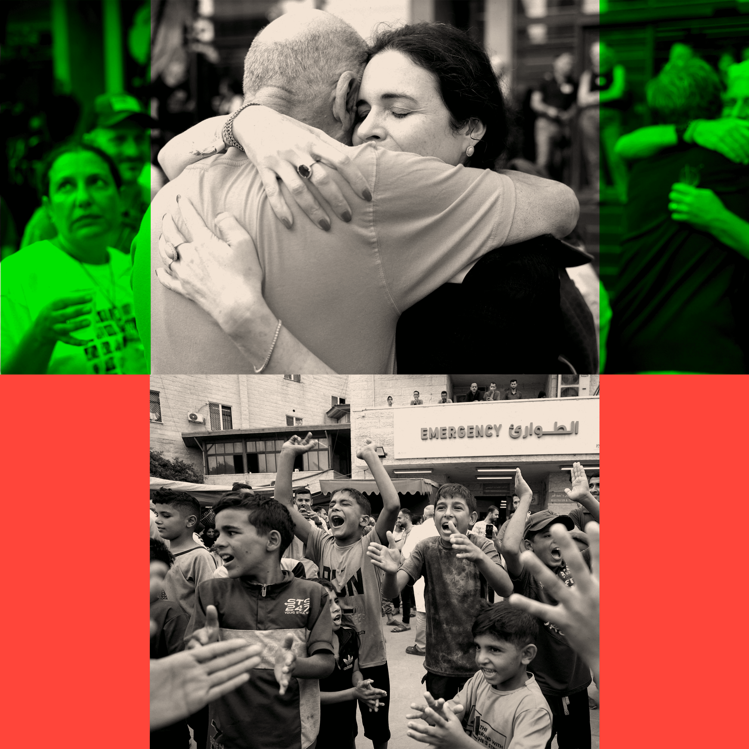 Two treated images: On the top, Itzik Horn, father of kidnapped Eitan Horn (L), celebrates and on the bottom, Palestinian children celebrate