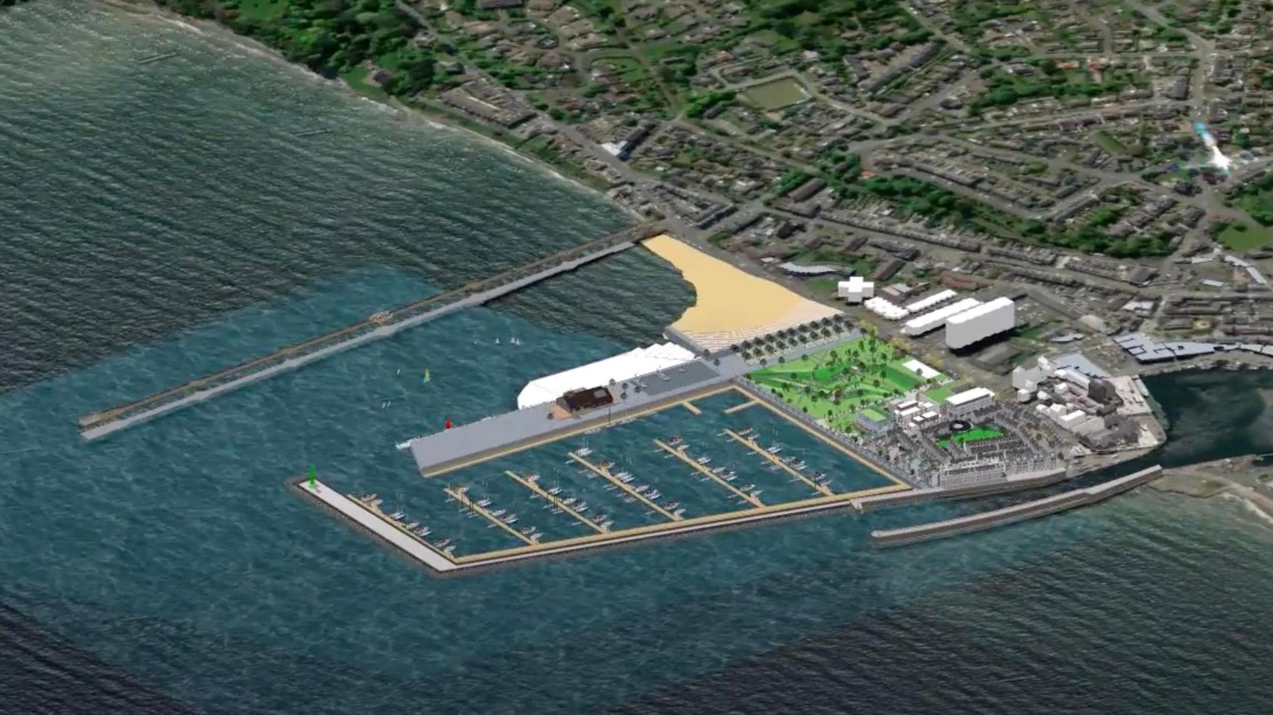 Artists sketch of proposed plans for South Beach. A long breakwater stretches out to the water, whilst it's 400-berth yacht marina and residential area sits to the right. 