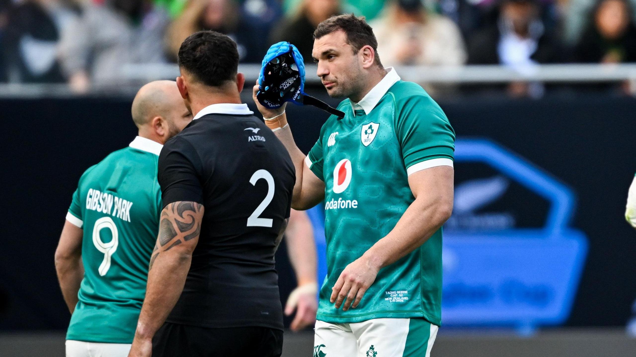 Ireland's Tadhg Beirne walks from the field after being shown a yellow card against the All Blacks in their Autumn Nations Series match