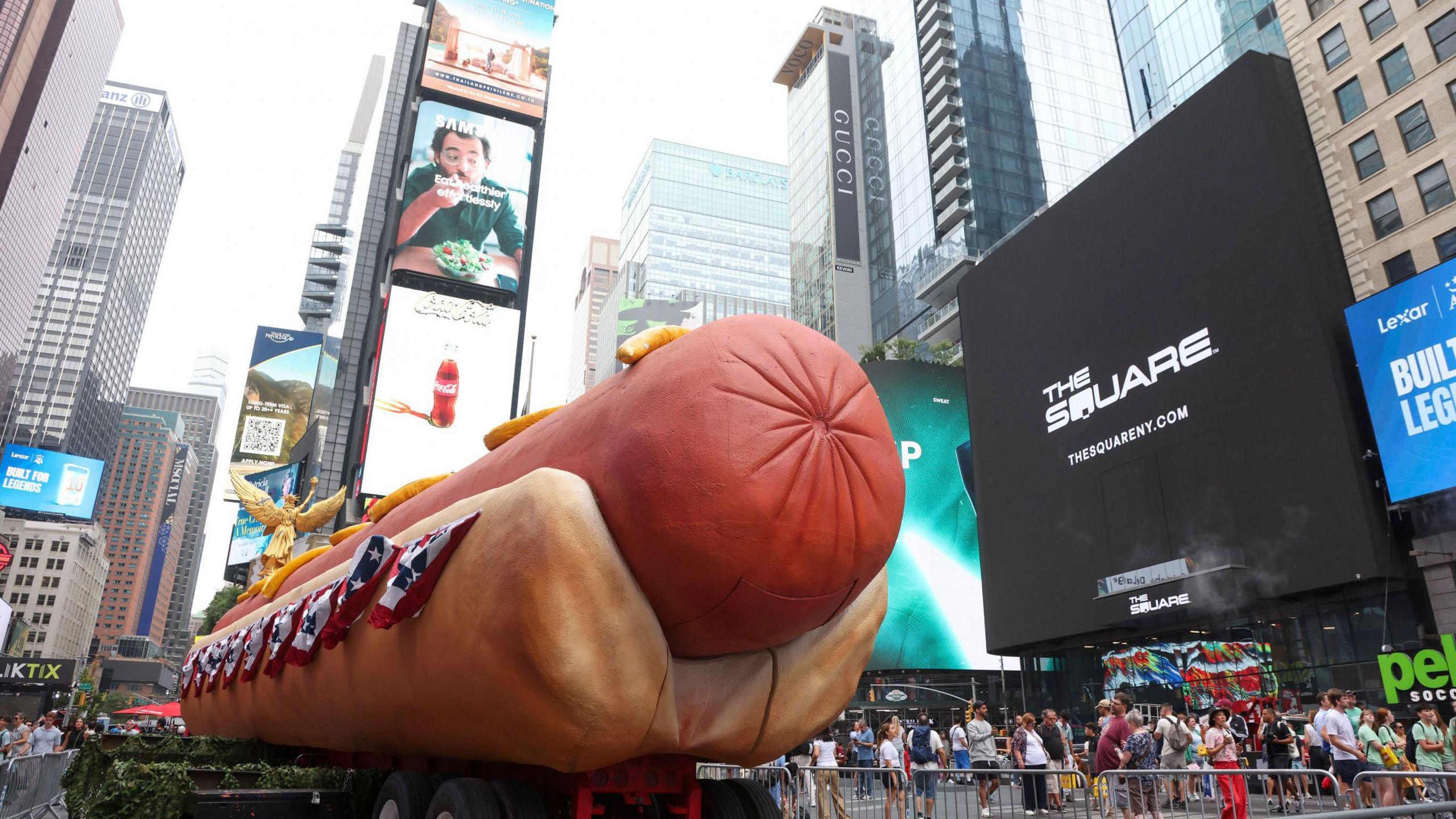 Giant hot dog sculpture in Times Square.
