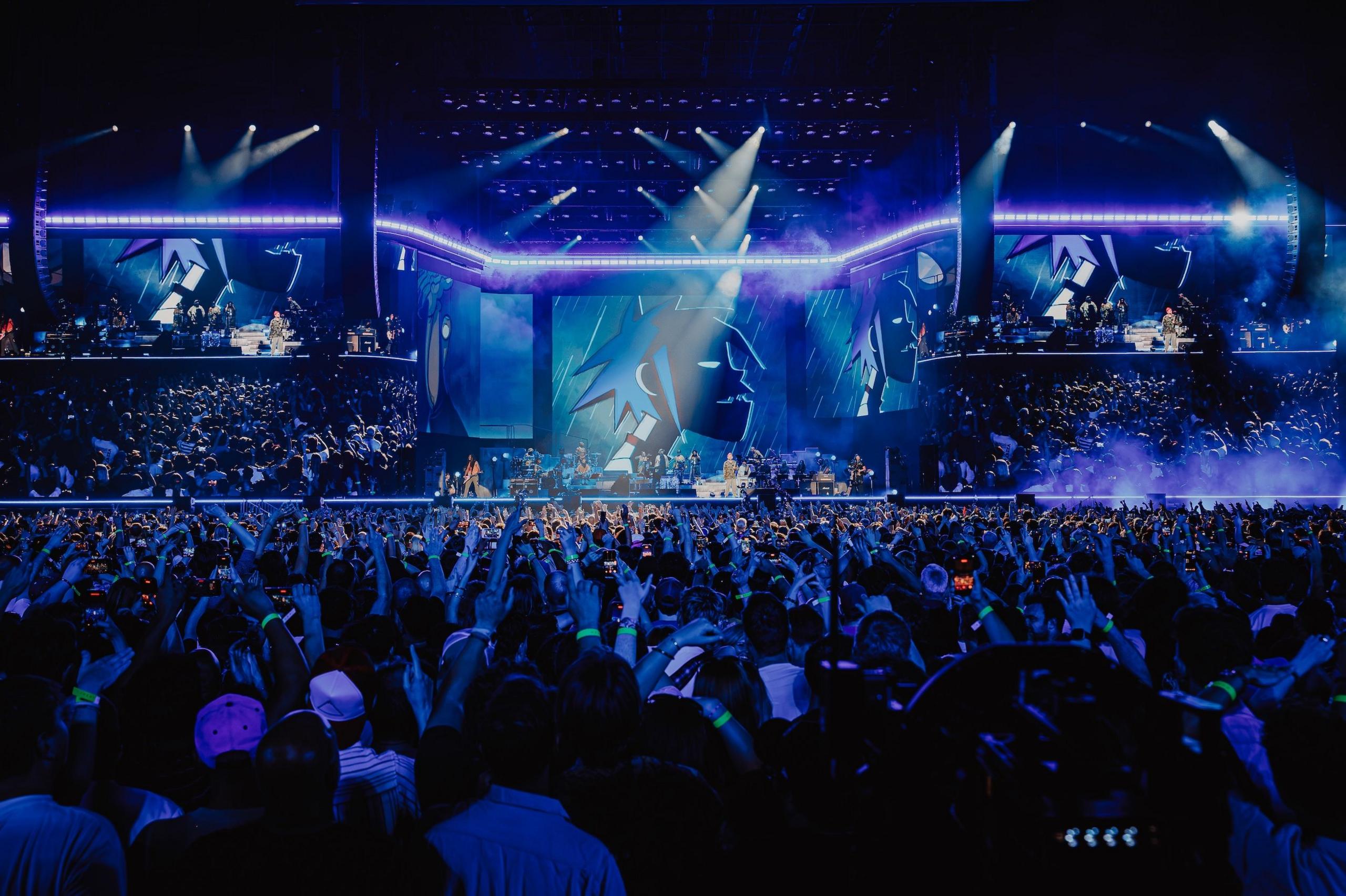 A wide shot of Gorillaz' stage setup