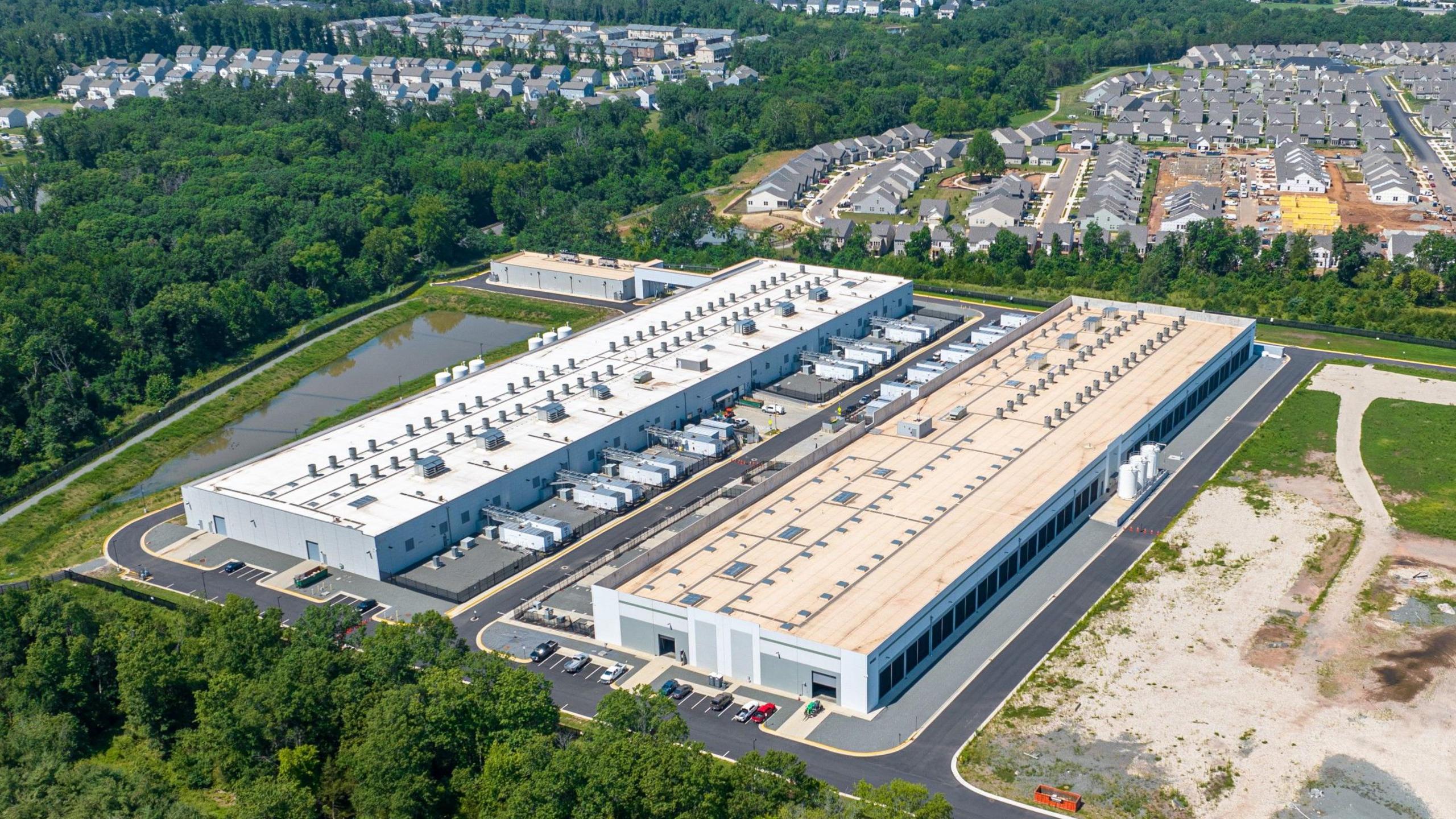 An aerial view of two data centres in the US city of Ashburn