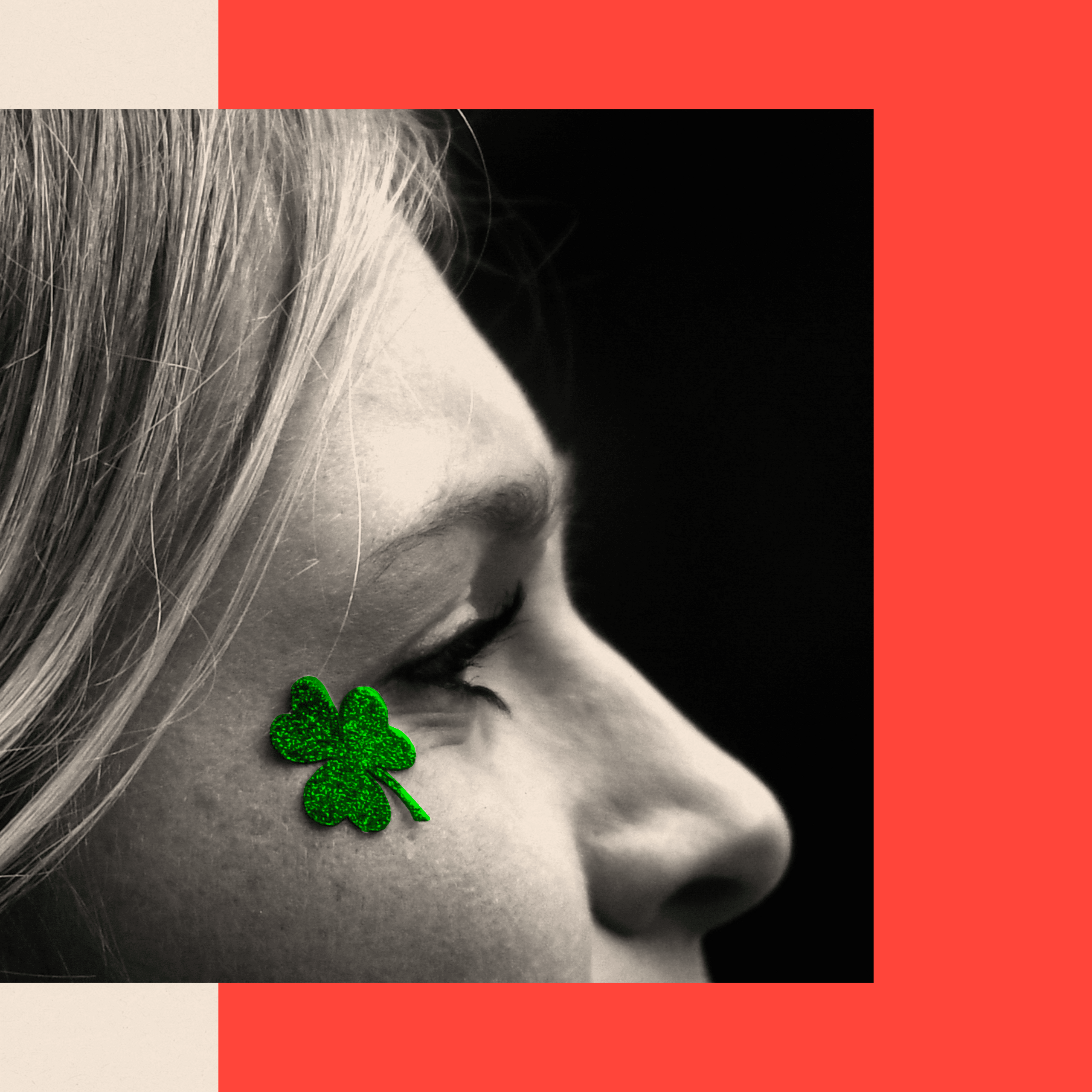 A treated image shows a woman in profile with a clover sticker on her face.