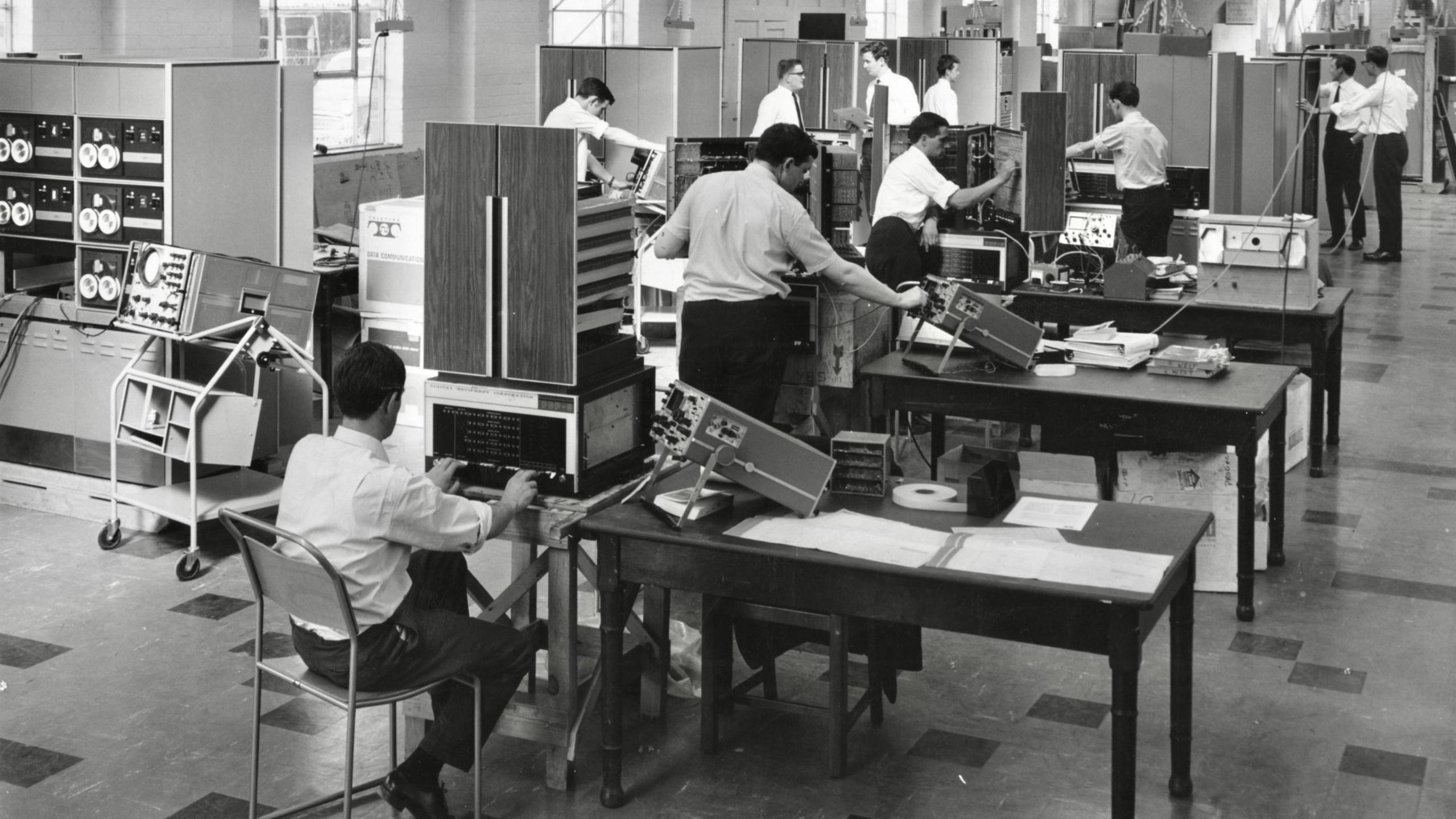 Engineers at work building computers at DEC's factory in Reading in the 1960s