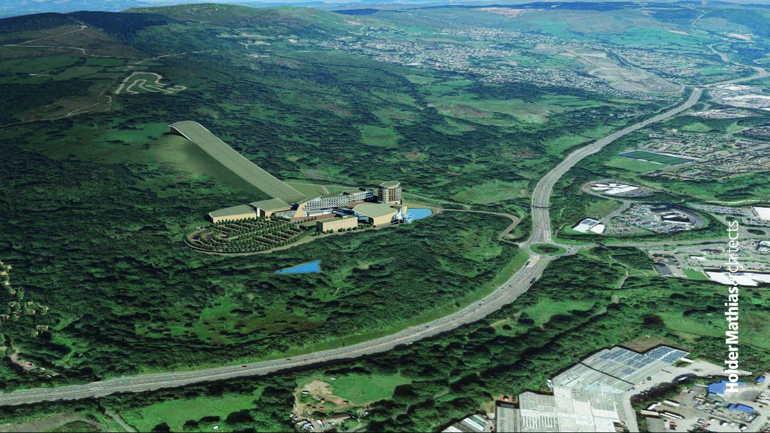 An artist's impression of new resort, seen at a distance from overhead. The complex is surrounded by greenery, with links to a main road and various urban conurbations nearby.