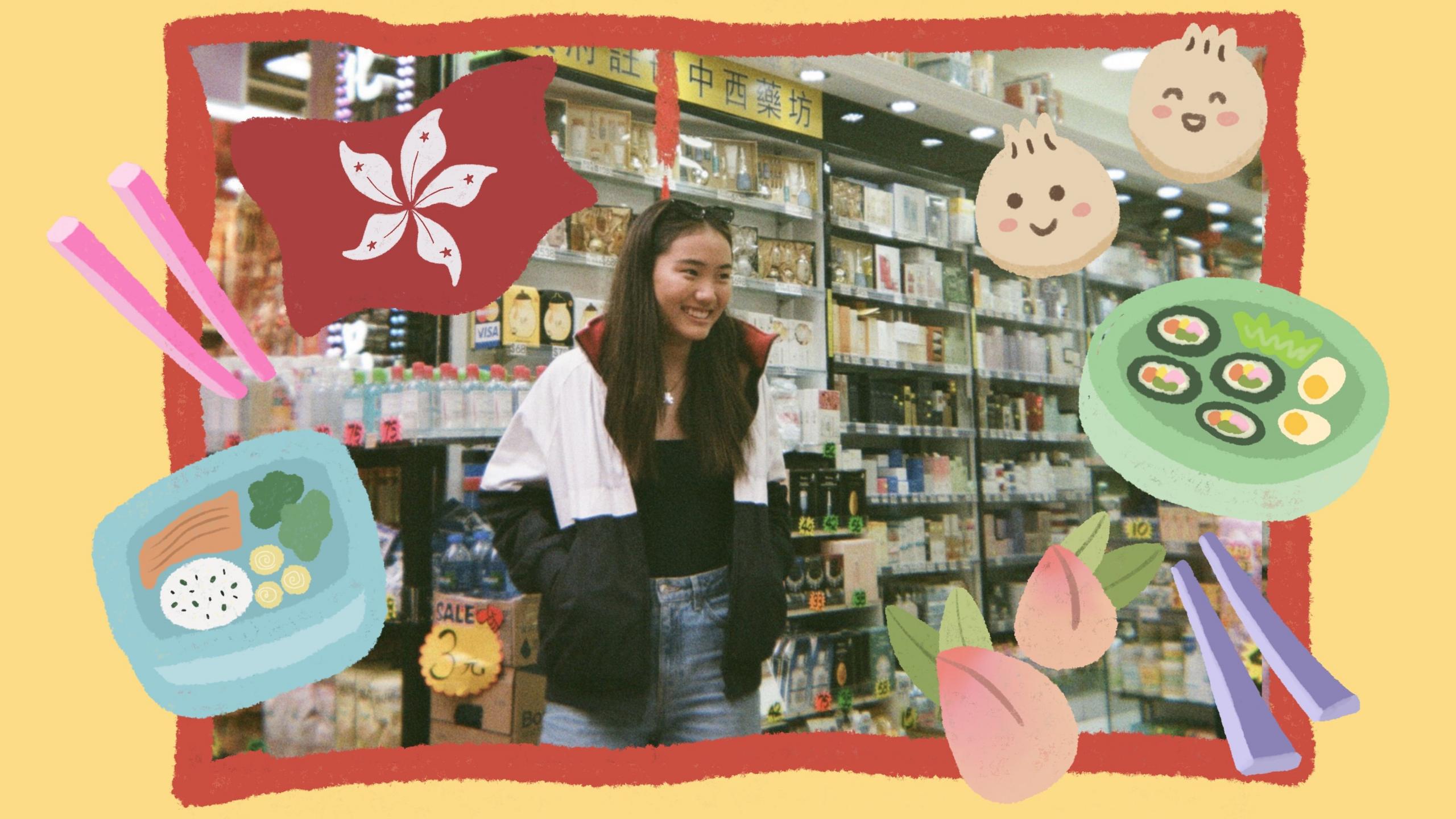 Arden standing in a Hong Kong superstore with illustrations of sushi, chopsticks and dim sum