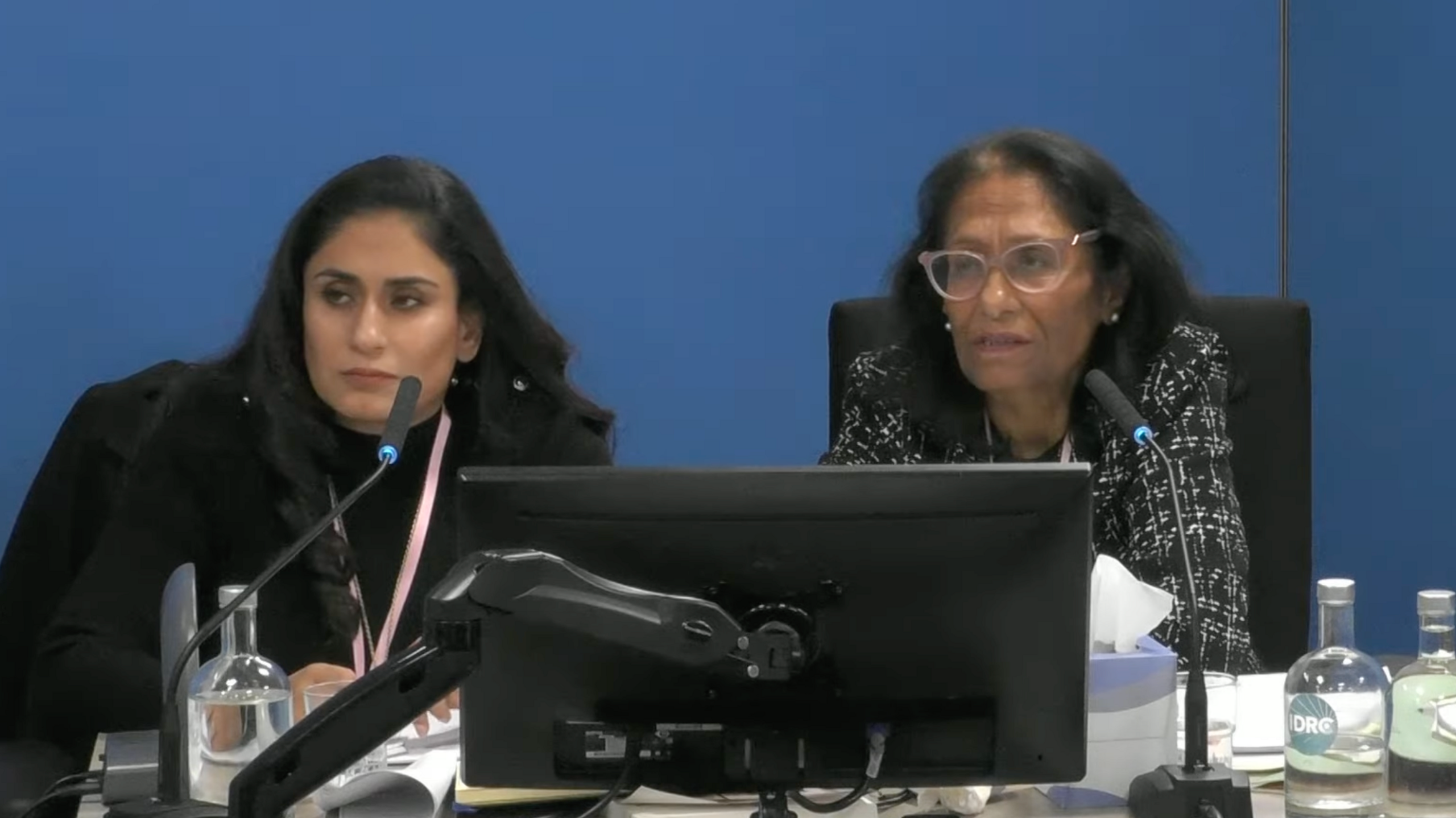Woman with long hair and older woman with long hair and glasses looking ahead