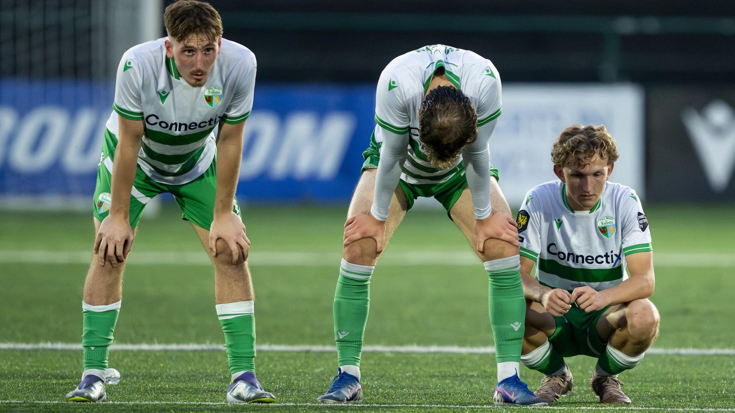The New Saints players look dejected after losing on penalties to Estonian side Flora Tallinn in their Conference League second qualifying round tie