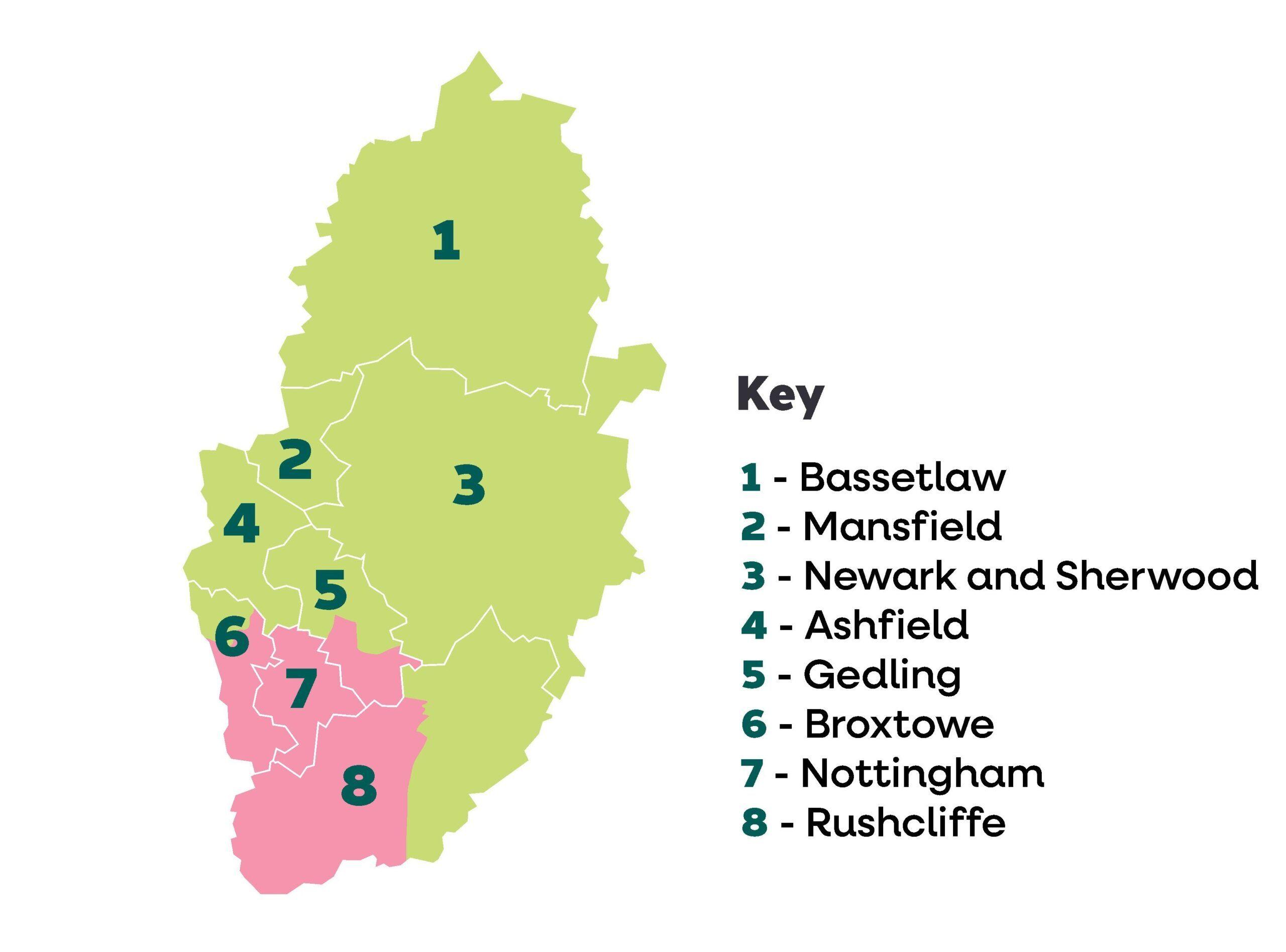 A map showing the eight districts of Nottinghamshire and where the city is looking at expanding into