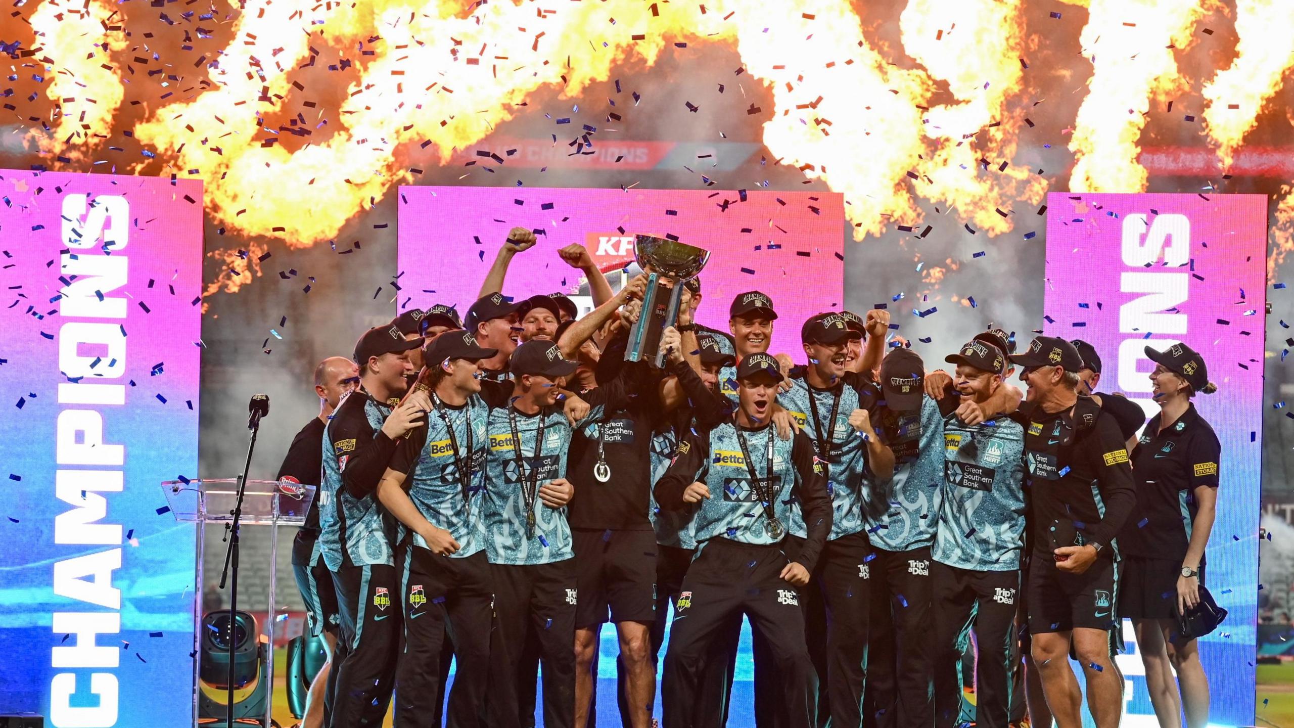 Brisbane Heat celebrate winning the 2023-24 men's Big Bash League