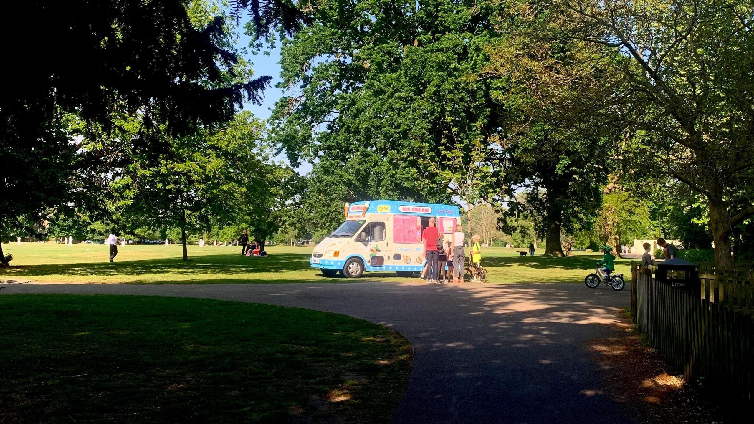 Bright sunny weather in a park with green trees and an ice cream van with people milling around