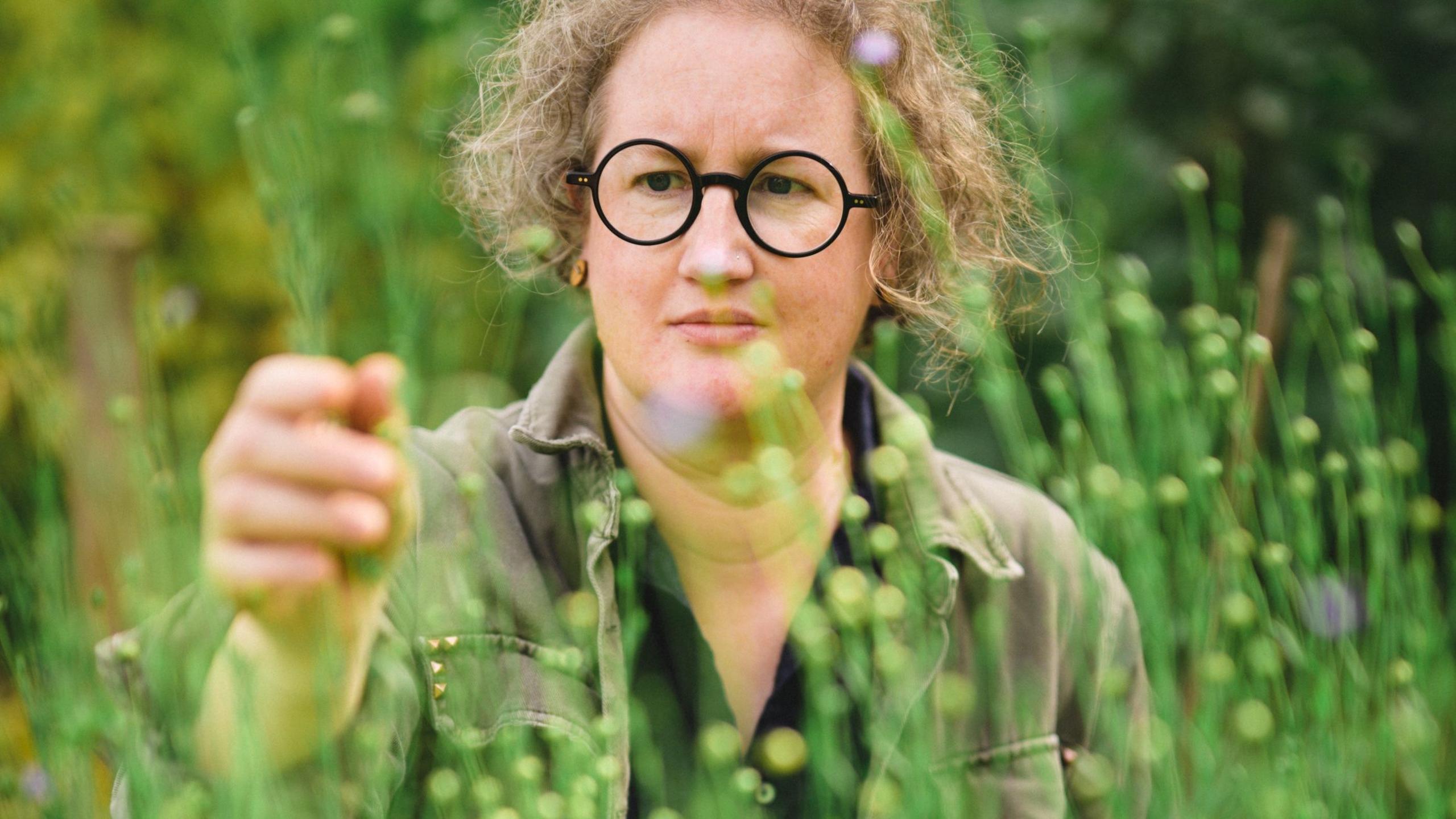 A woman wearing glasses walking through a crop of flax which is head-height