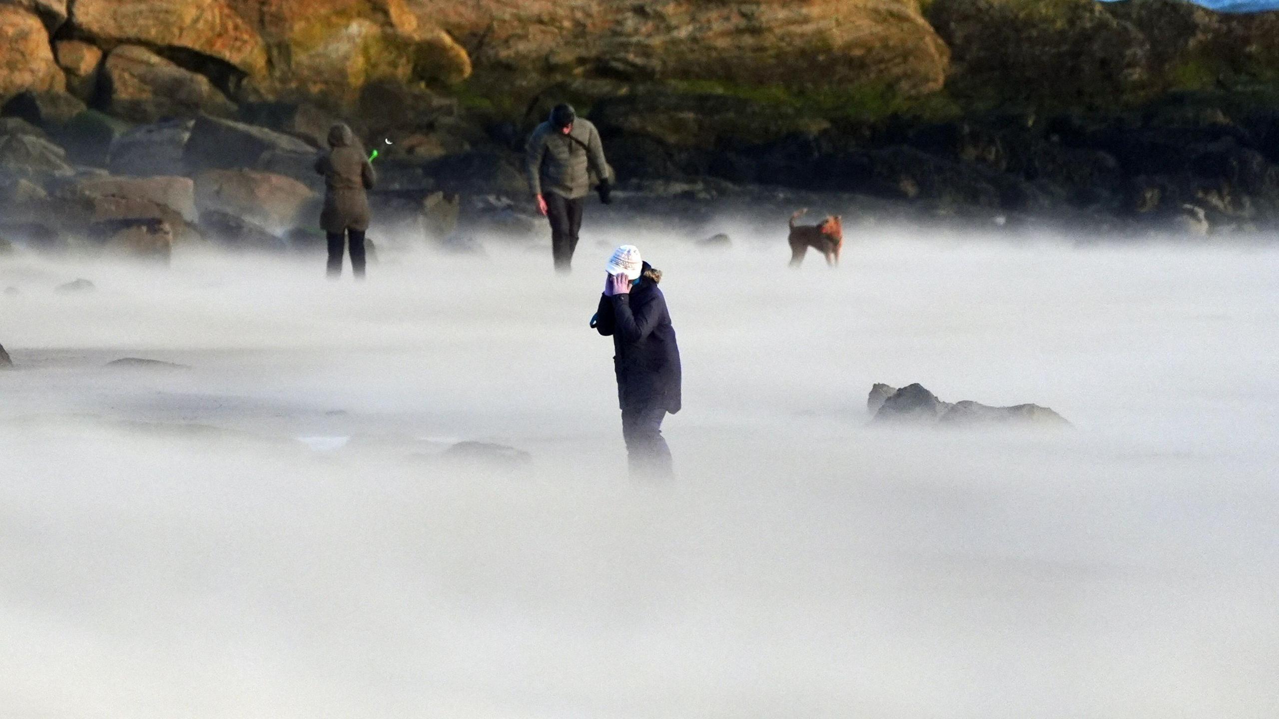 Dog walkers on Tynemouth beach. The ground looks completely covered in mist and a woman is holding on to her hat.