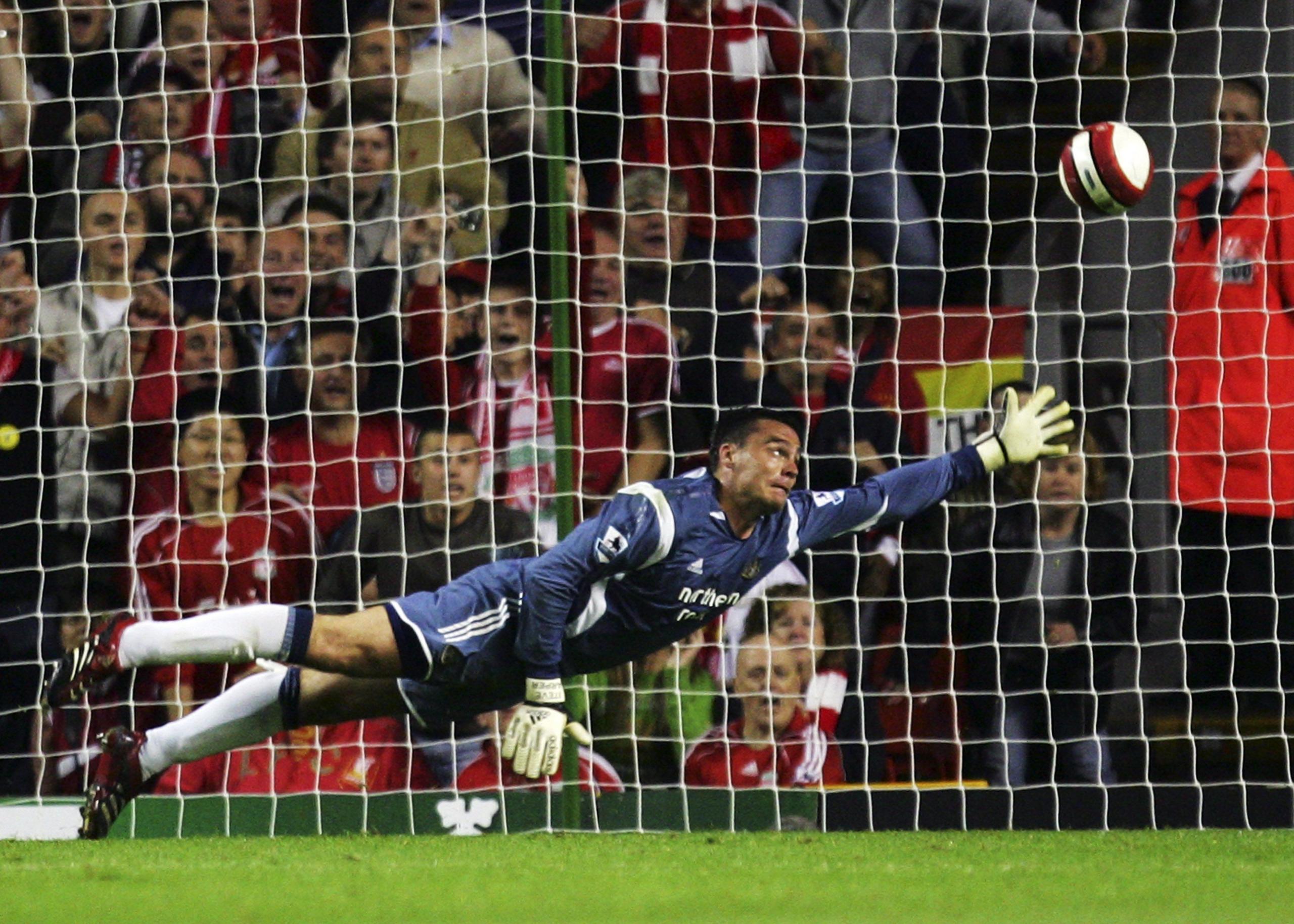 Newcastle goalkeeper Steve Harper is beaten by Xabi Alonso's strike for Liverpool