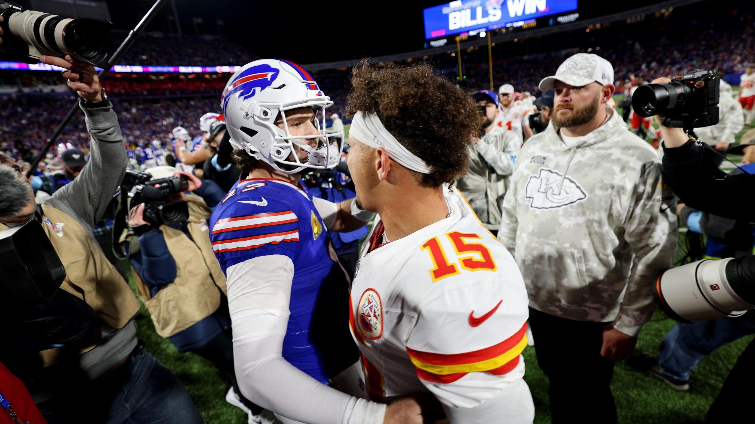 Josh Allen and Patrick Mahomes chat after the NFL game between the Buffalo Bills and the Kansas City Chiefs