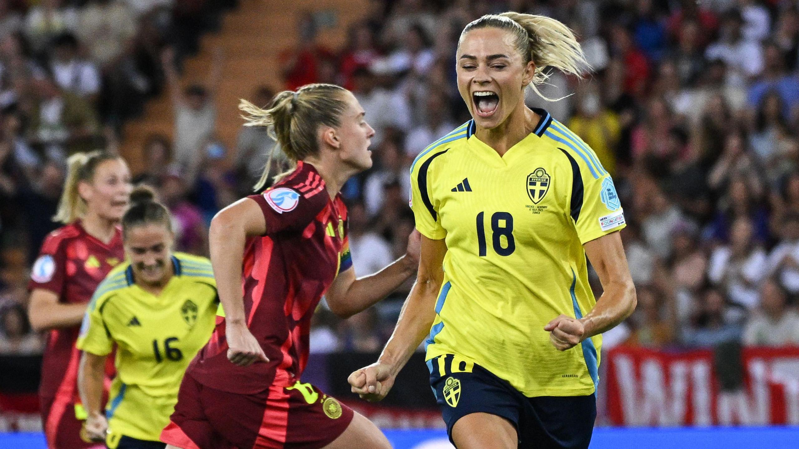 Fridolina Rolfo celebrates scoring against Germany
