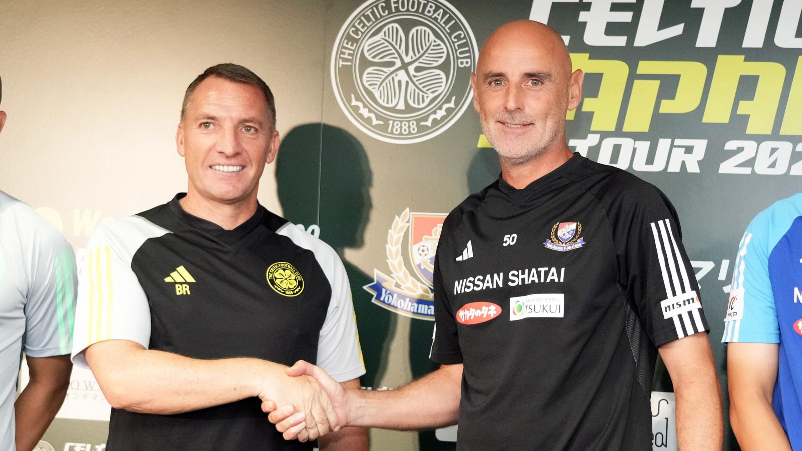 Brendan Rodgers and Kevin Muscat shake hands during Celtic's tour of Japan in July 2023