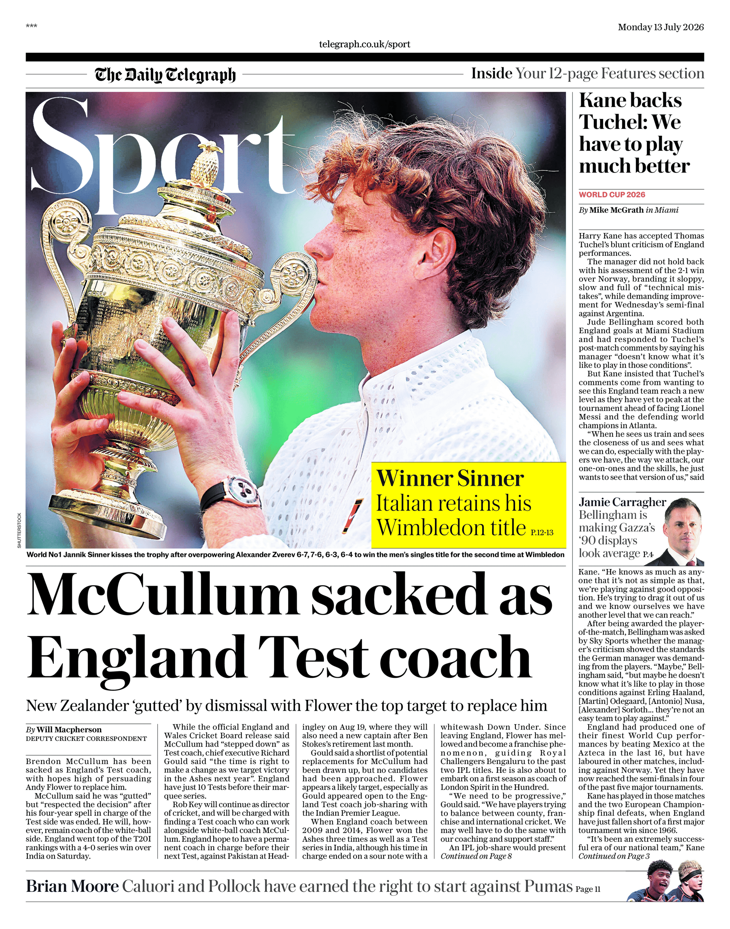 Telegraph sports section front page