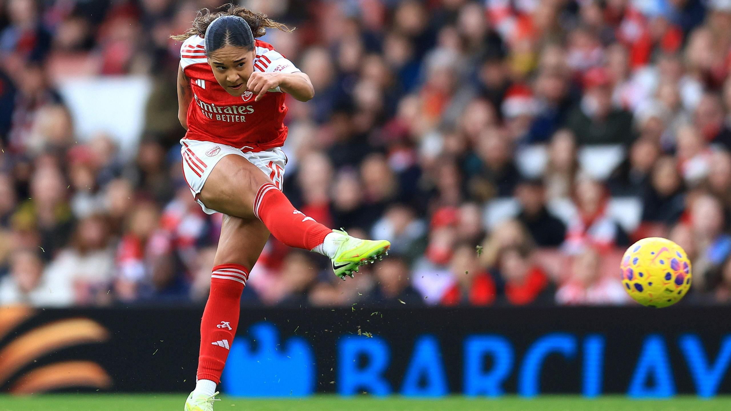 Olivia Smith scores from distance for Arsenal at Emirates Stadium against Liverpool 