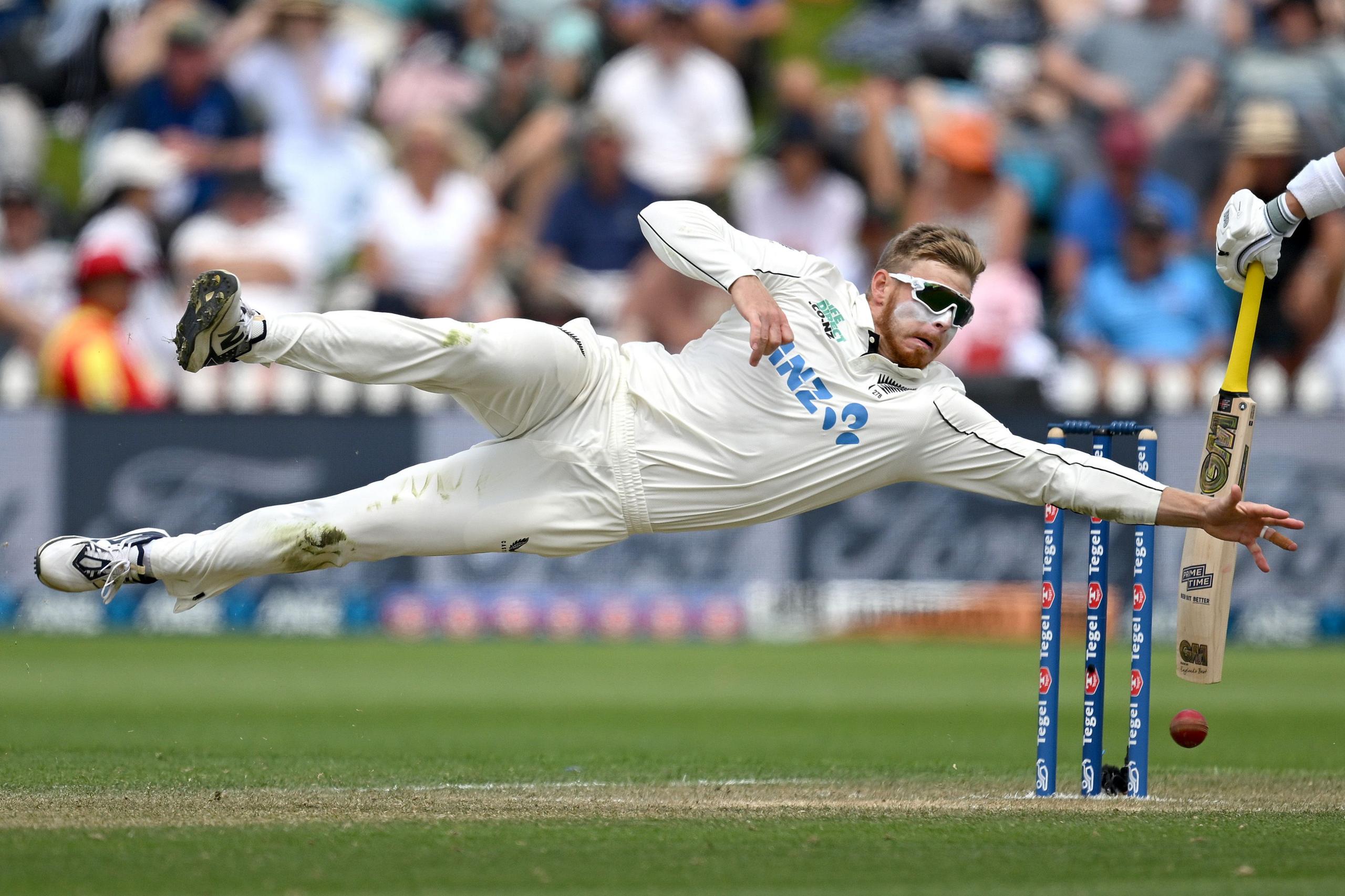 New Zealand's Glenn Phillips fields during day two of the second Test against England at the Basin Reserve in Wellington