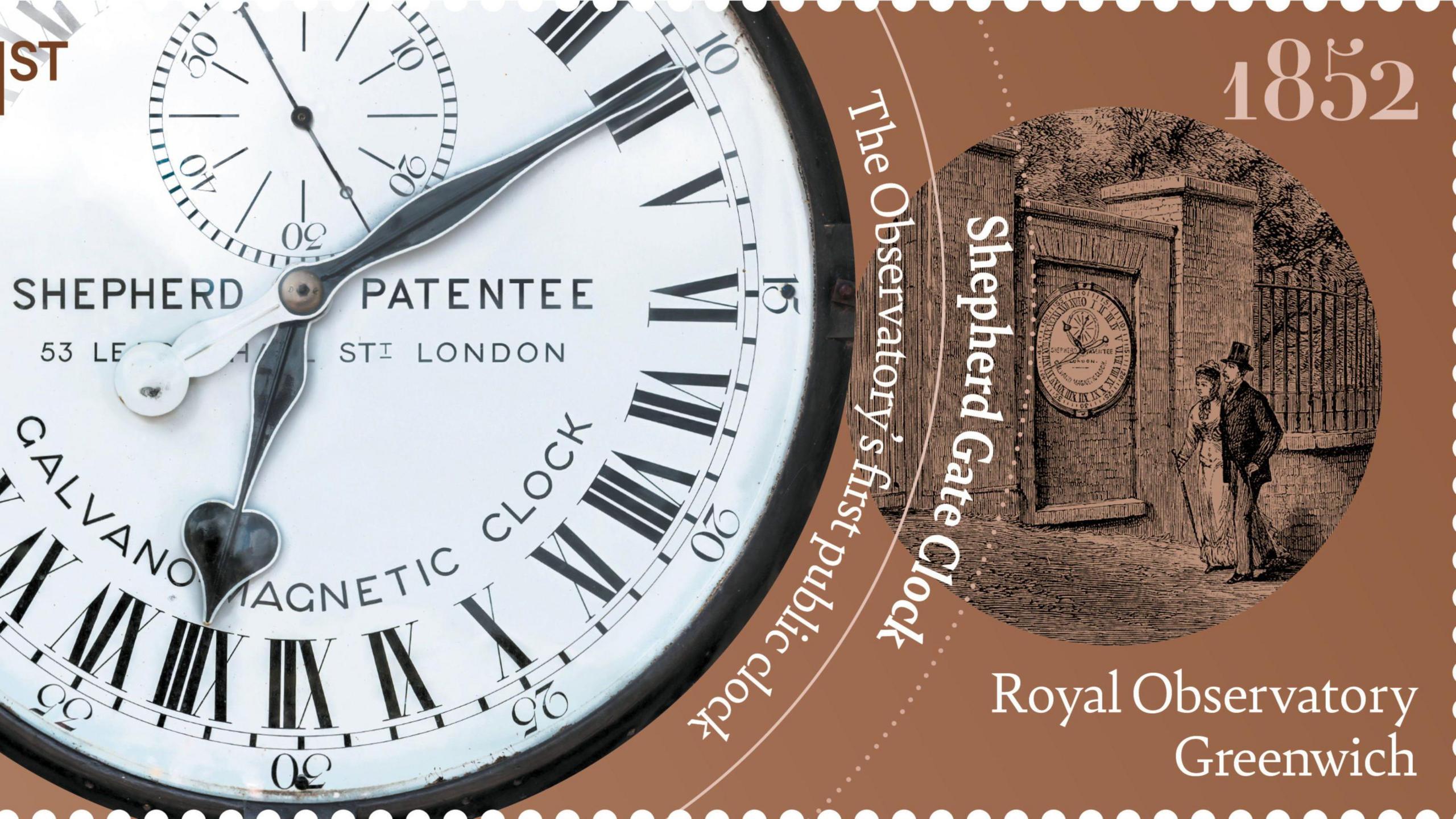 Brown stamp with a clock face on it
