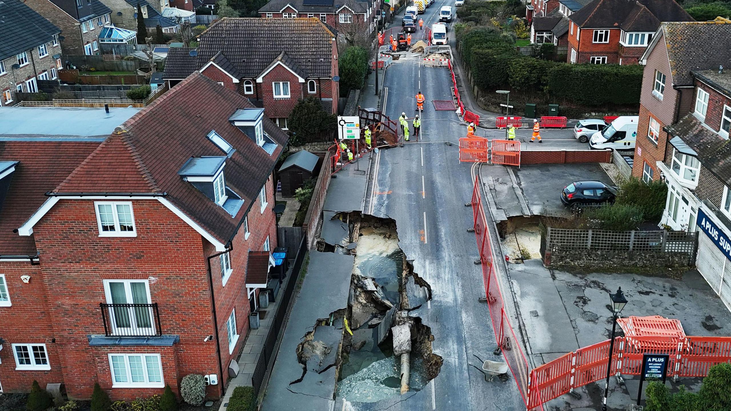 The scene in Godstone after a sinkhole appeared on Monday night