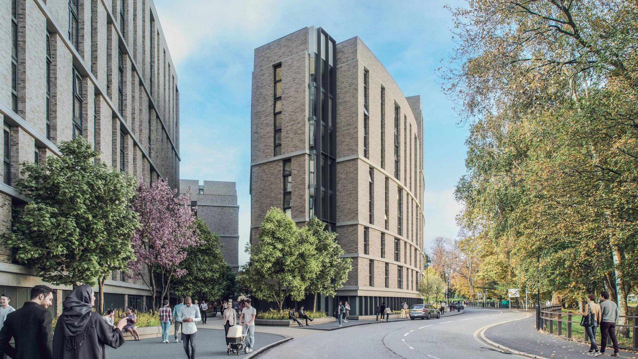 A computer generated image of the new development as seen from Houndwell Place. There is a blue sky, lots of pedestrians and a beige coloured, block of flats which follows the curve of the road.