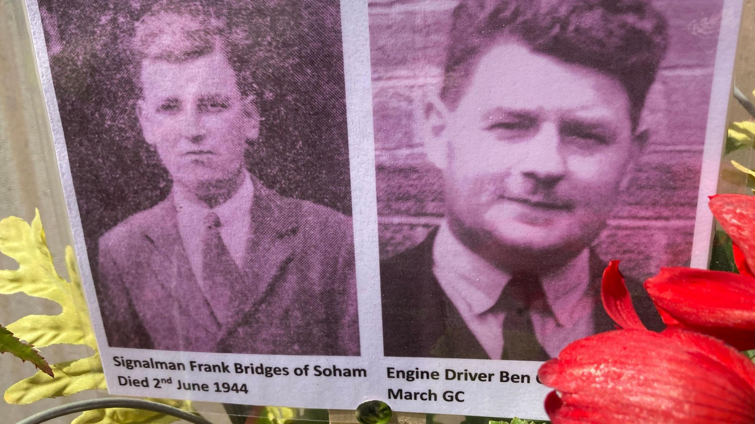 Black and white photos against flowers, showing Frank Bridges and Ben Gimbert 