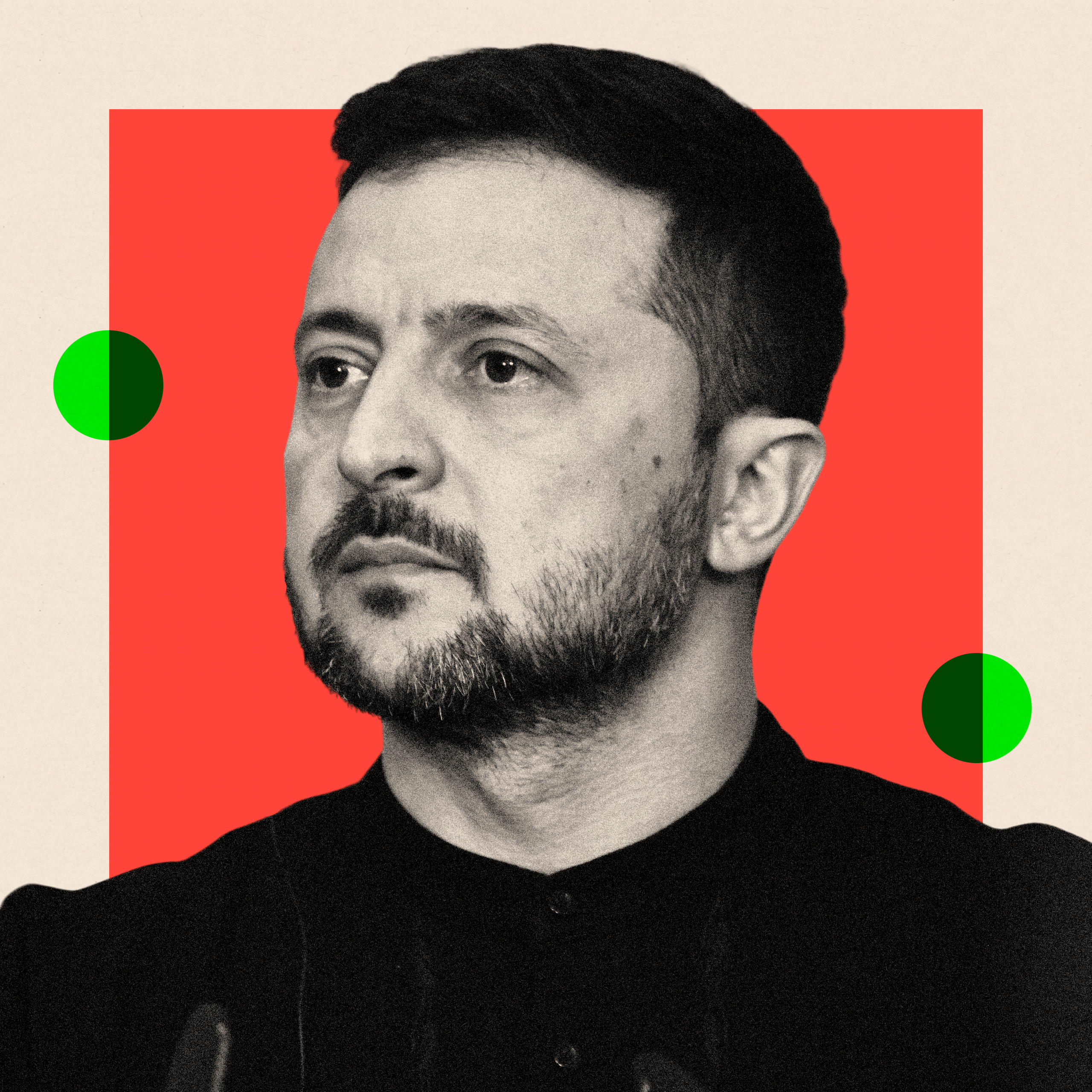 Black and white headshot of Volodymyr Zelensky, with treated background in red and green