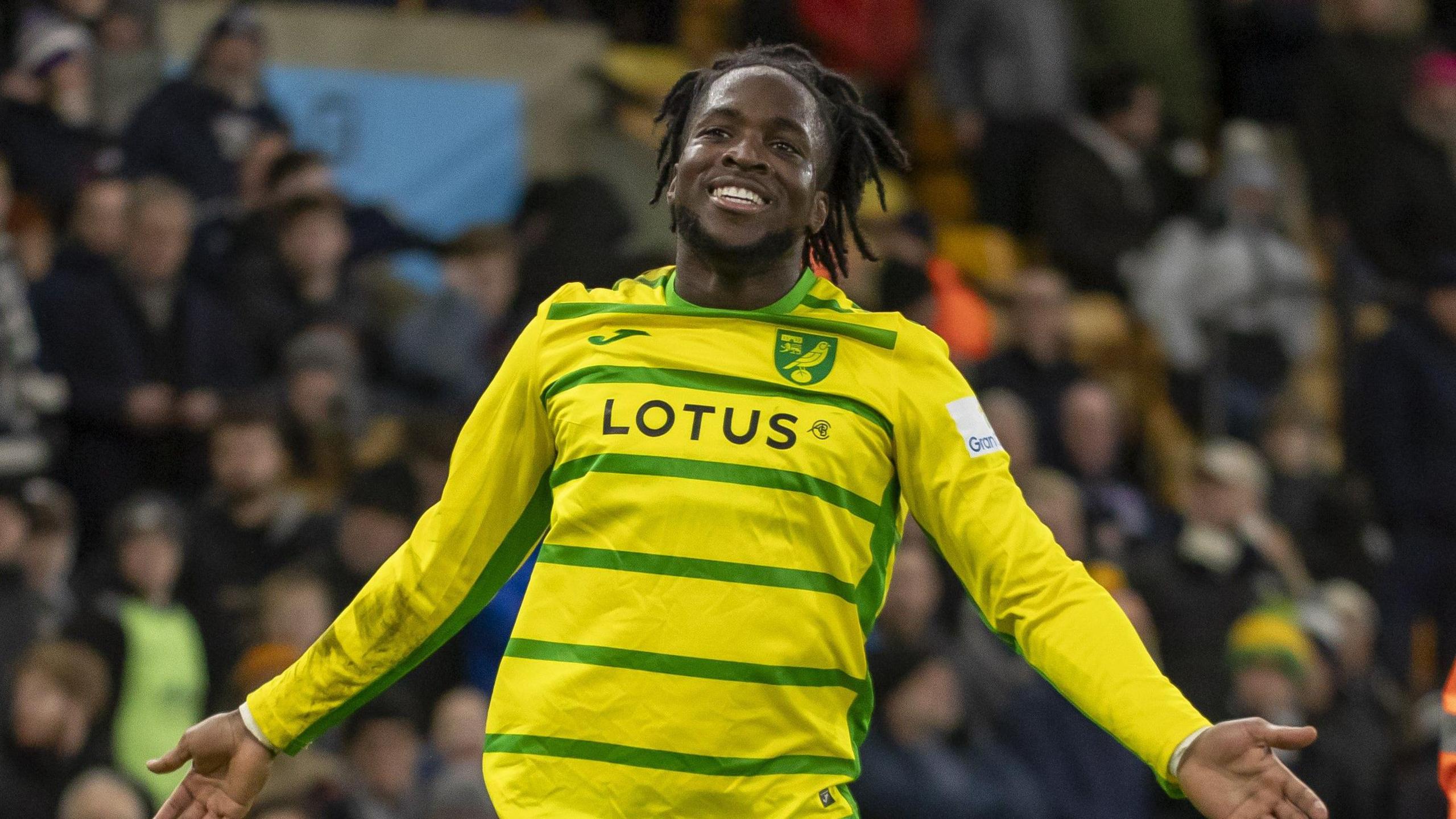 Jonathan Rowe, wearing Norwich's home yellow and green kit, smiles and holds his arms out while celebrating a goal