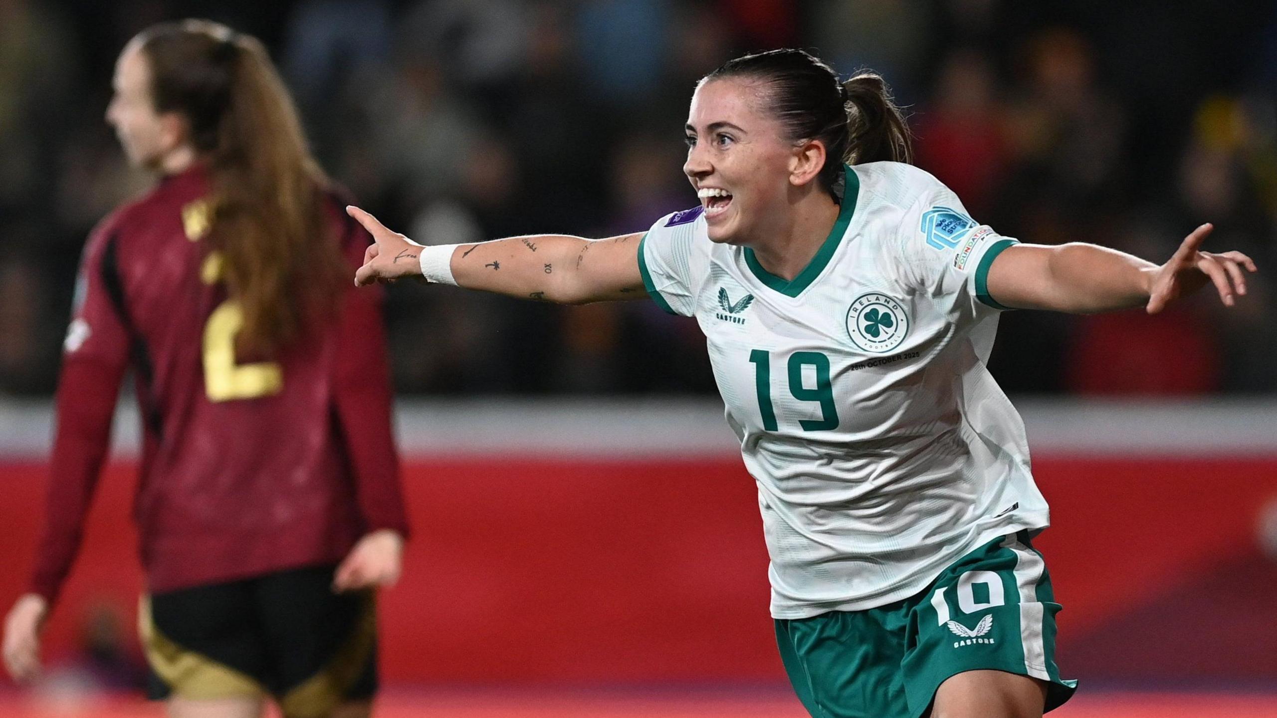 Abbie Larkin celebrates against Belgium