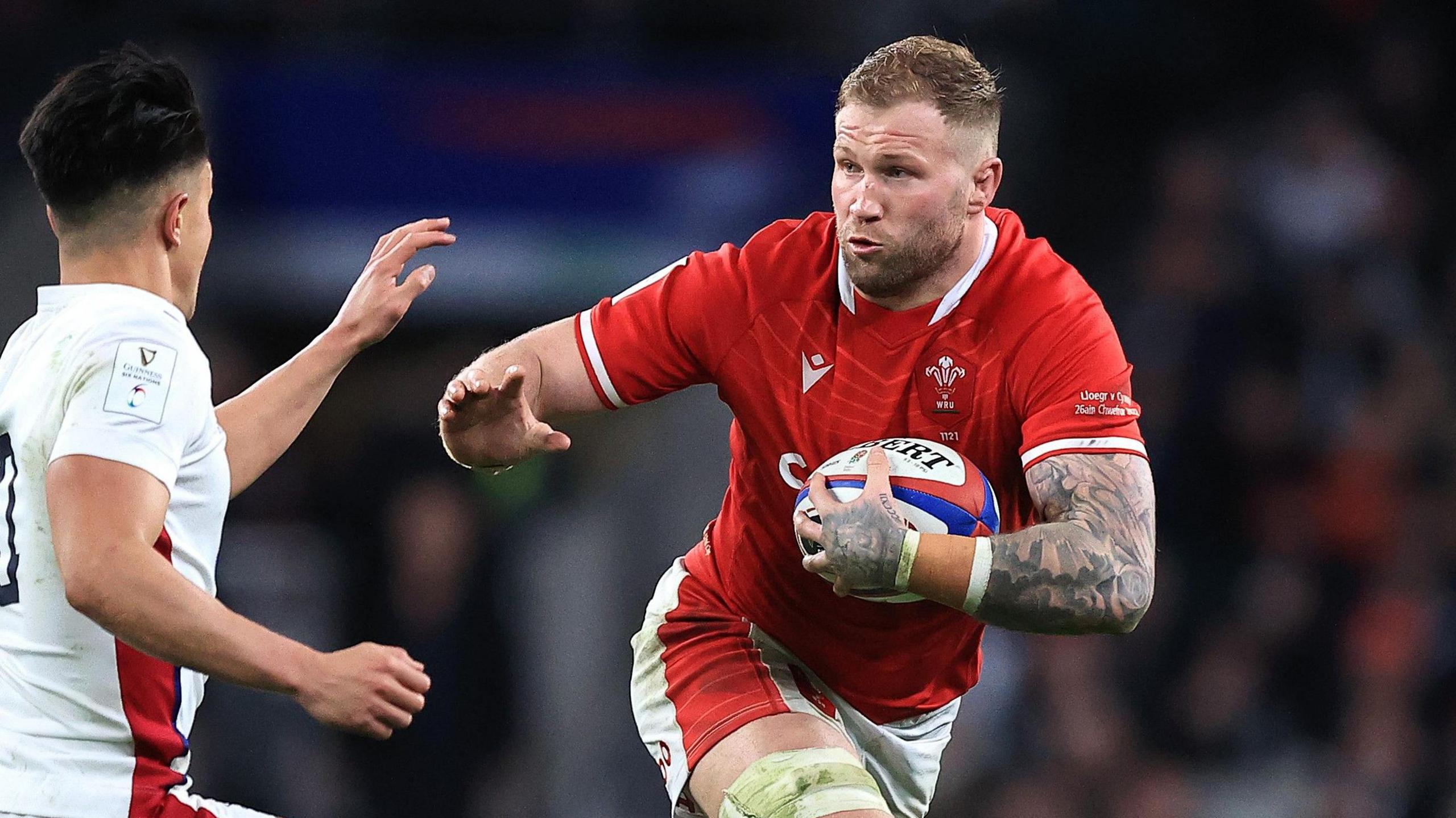 Ross Moriarty on the charge for Wales against England